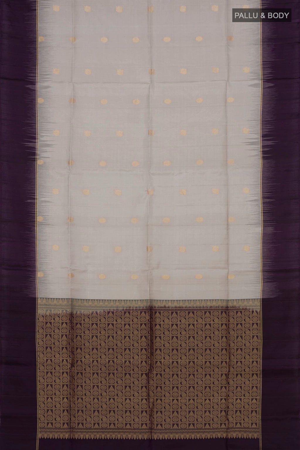 Flat view of Grey Soft Silk Saree with Zari Butta on the body and Plain Border. 
