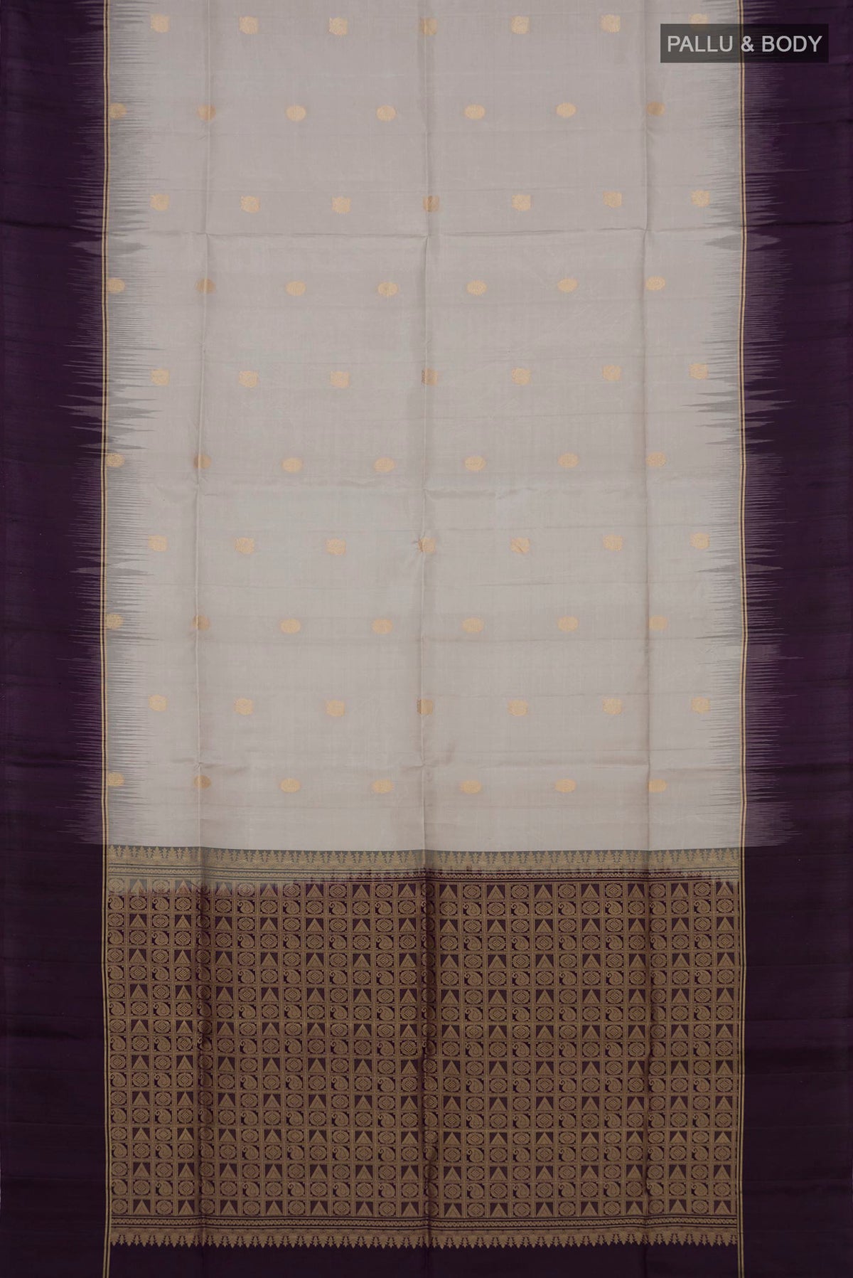 Flat view of Grey Soft Silk Saree with Zari Butta on the body and Plain Border. 