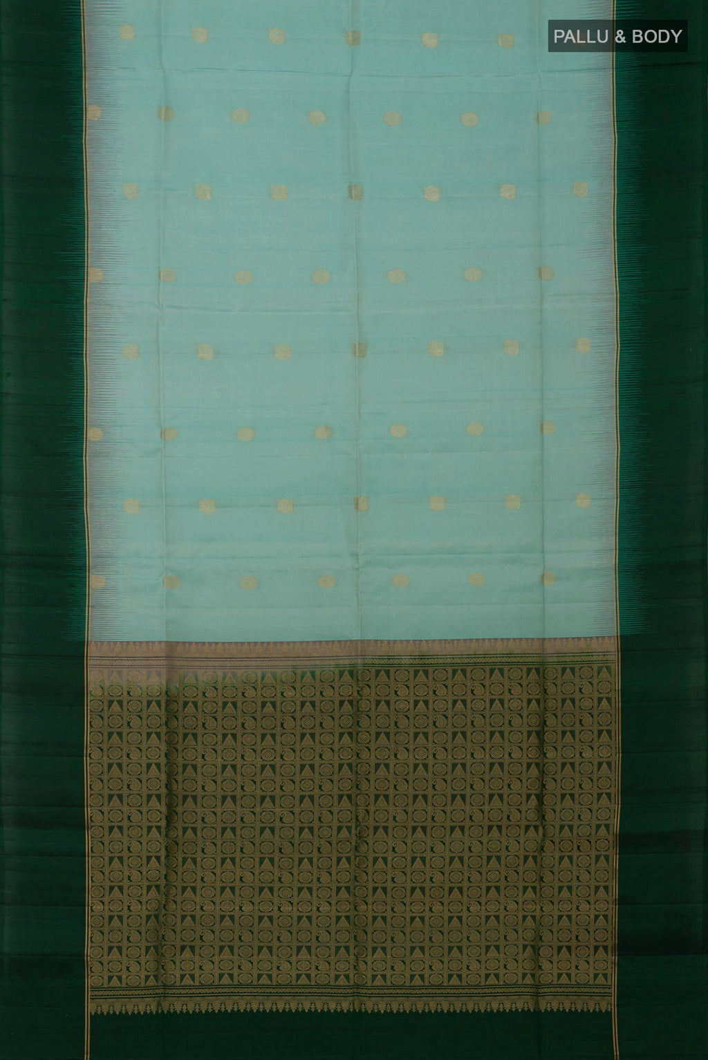 Flat view of Light Blue Soft Silk Saree with Zari Butta on the body and Plain Border. 