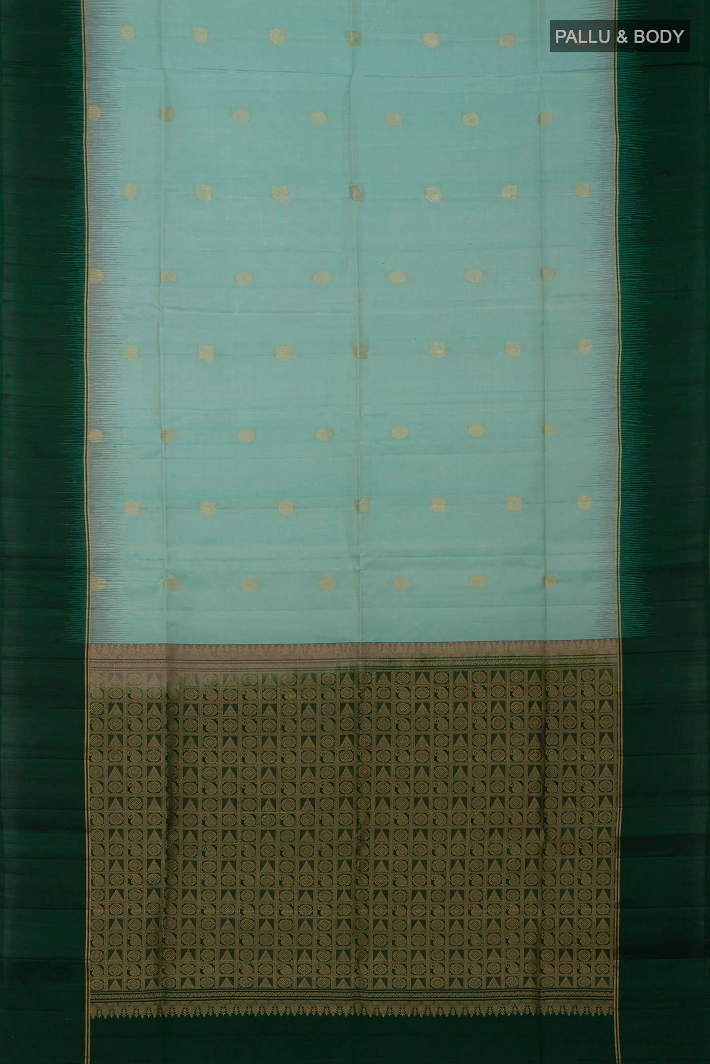 Flat view of Light Blue Soft Silk Saree with Zari Butta on the body and Plain Border. 