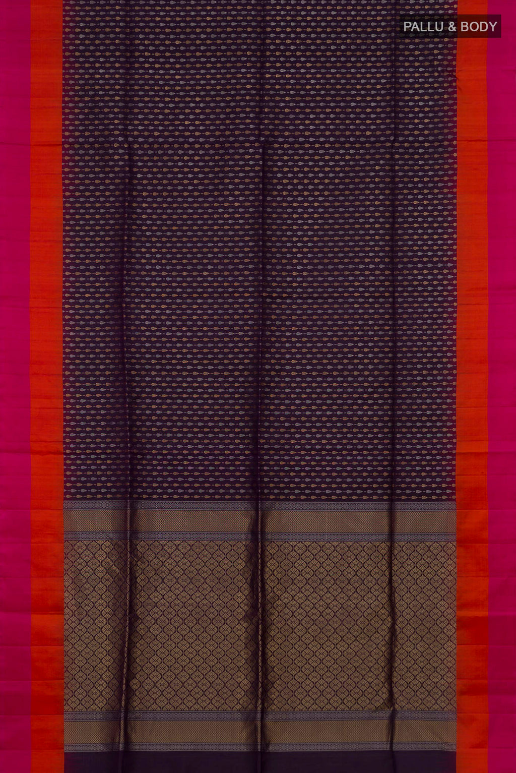 Flat view of Pure Silk Purple Soft Saree with Zari Butta on the body and Plain Border. 