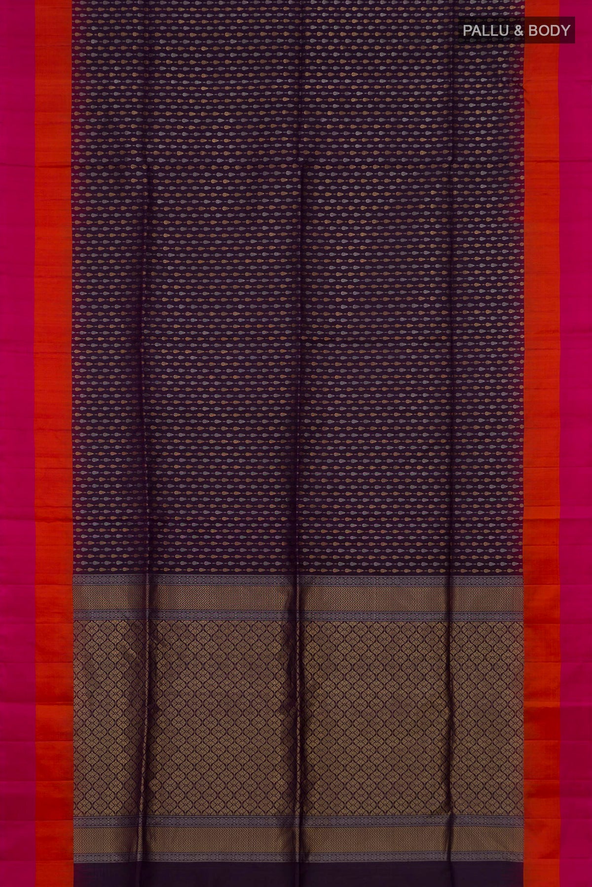 Flat view of Pure Silk Purple Soft Saree with Zari Butta on the body and Plain Border. 