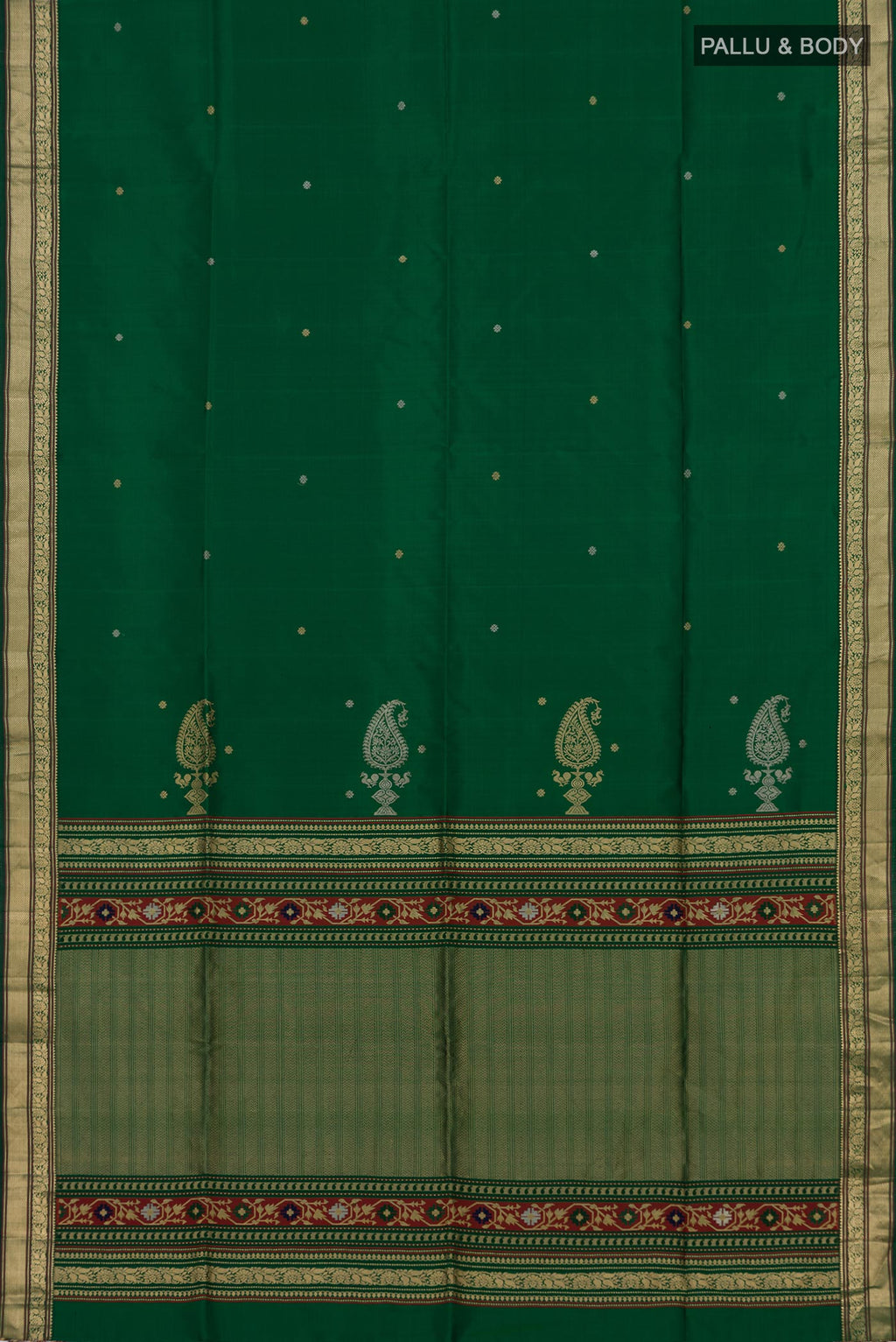 Flat view of Green Soft Silk Saree with Zari Butta on the body and Zari Border. 