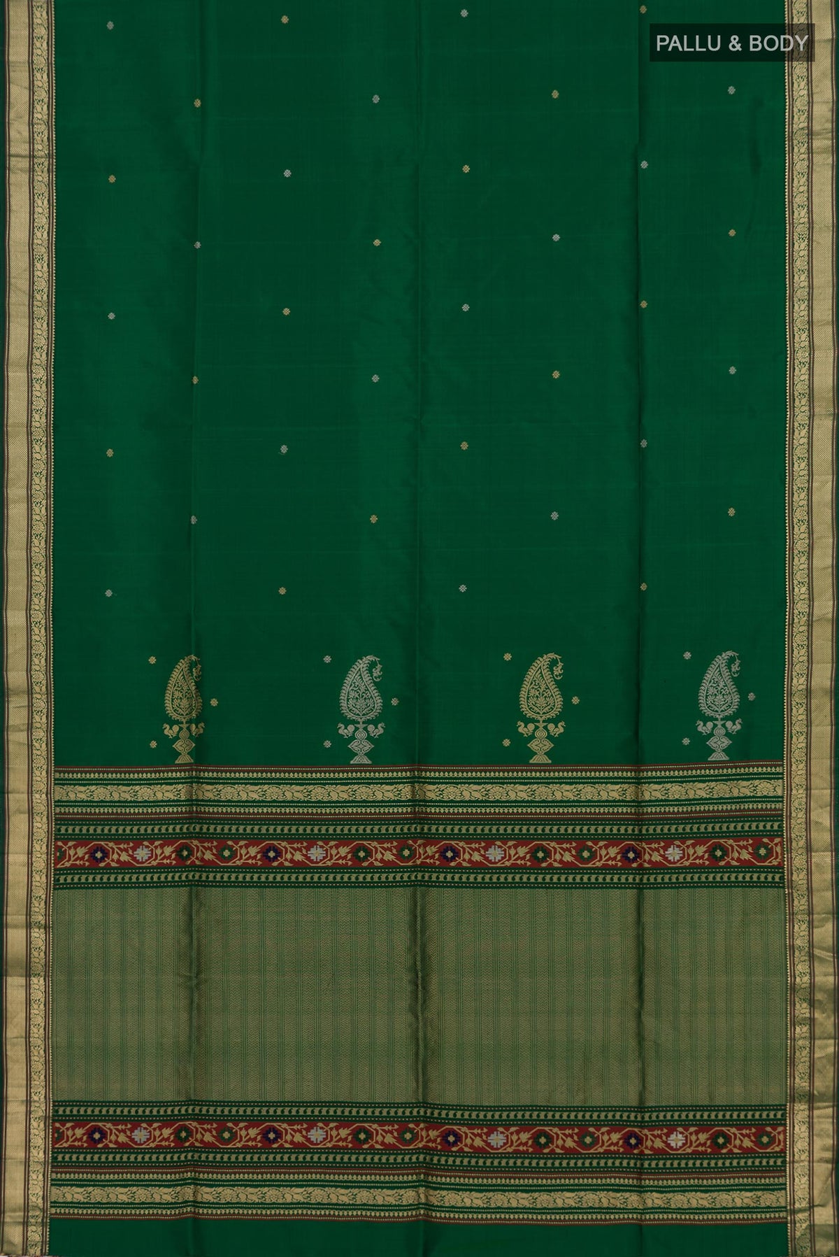 Flat view of Green Soft Silk Saree with Zari Butta on the body and Zari Border. 