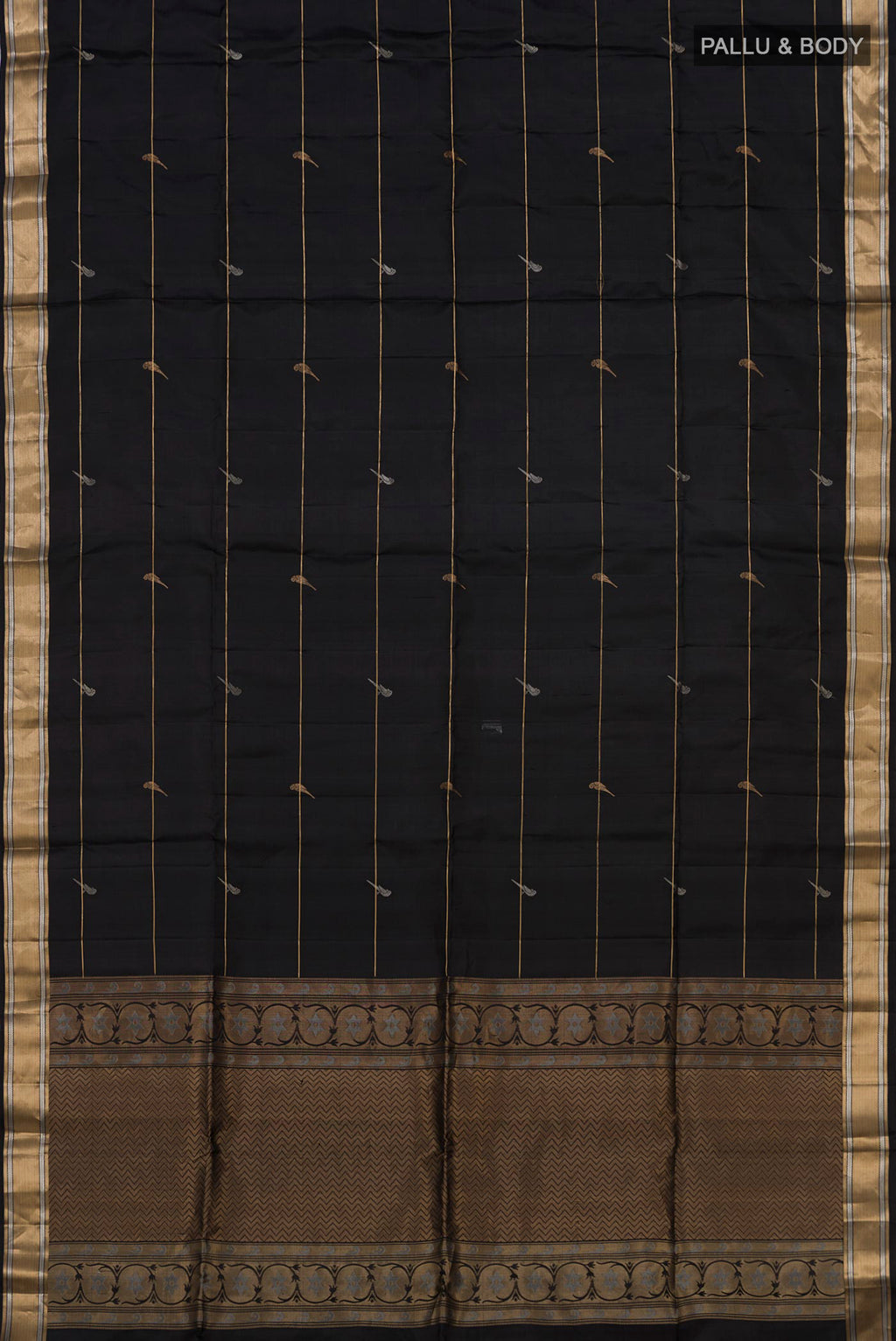 Flat view of Black Soft Silk Saree with Zari Butta on the body and Zari Border. 