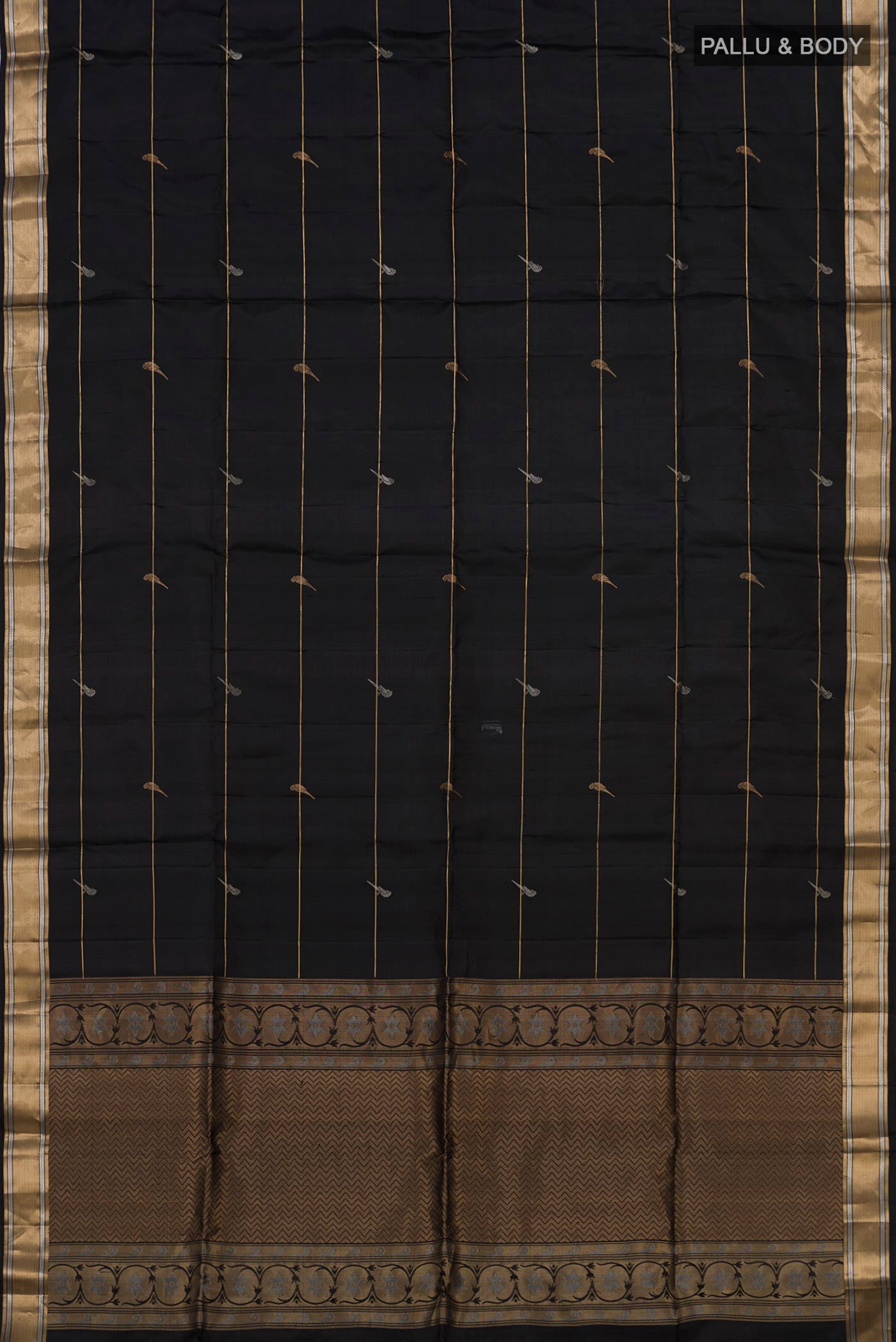 Flat view of Black Soft Silk Saree with Zari Butta on the body and Zari Border. 