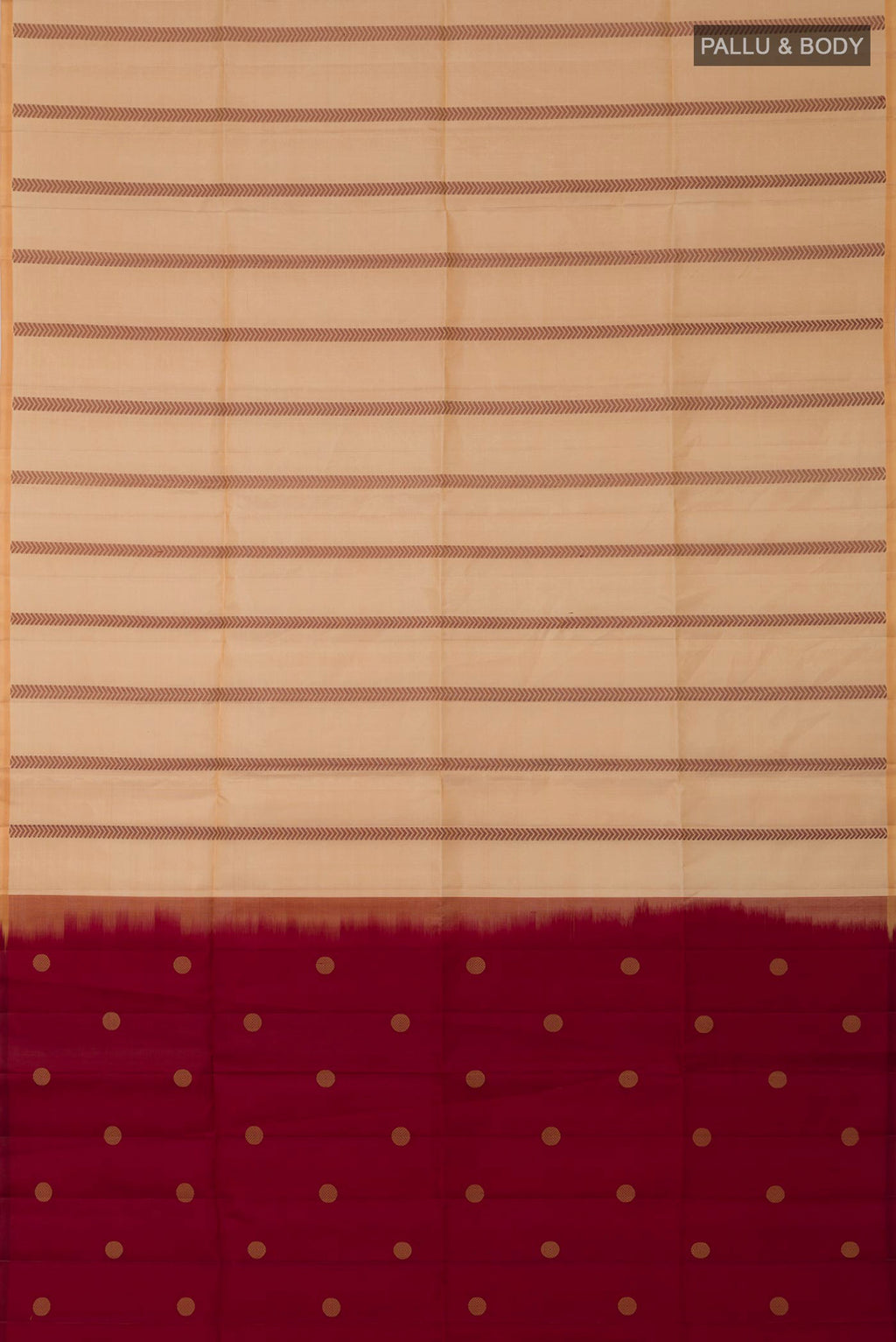 Flat view of Cream Soft Silk Saree with Partli on the body and Without Border. 