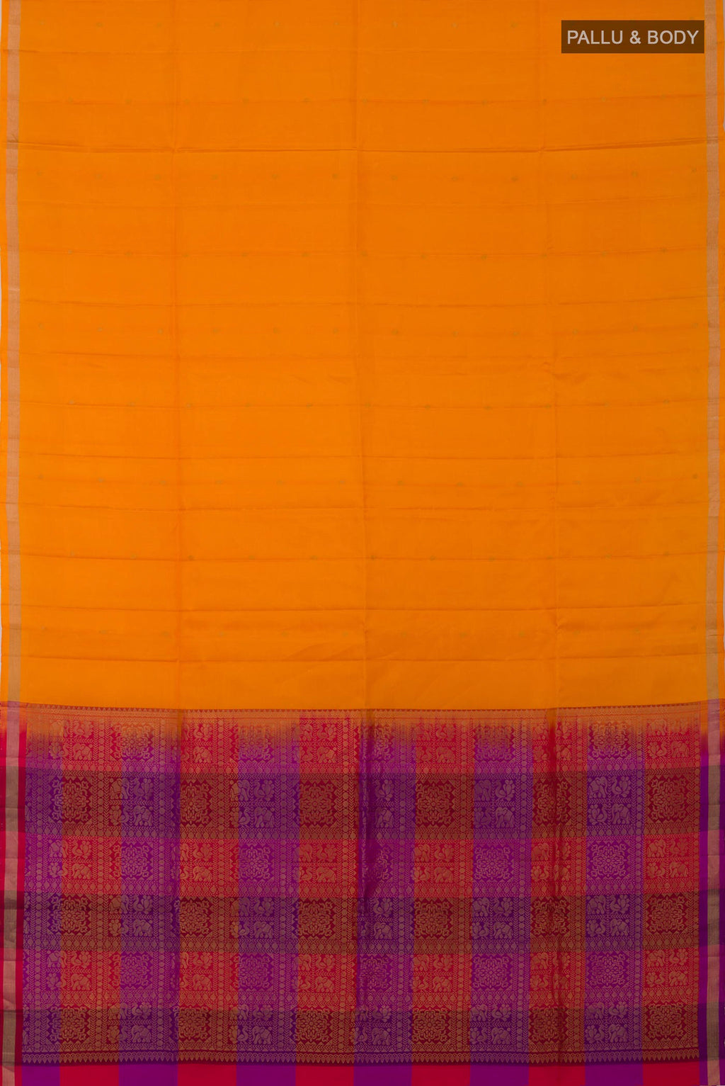 Flat view of Yellow Soft Silk Saree with Zari Butta on the body and Thin Zari Line. 
