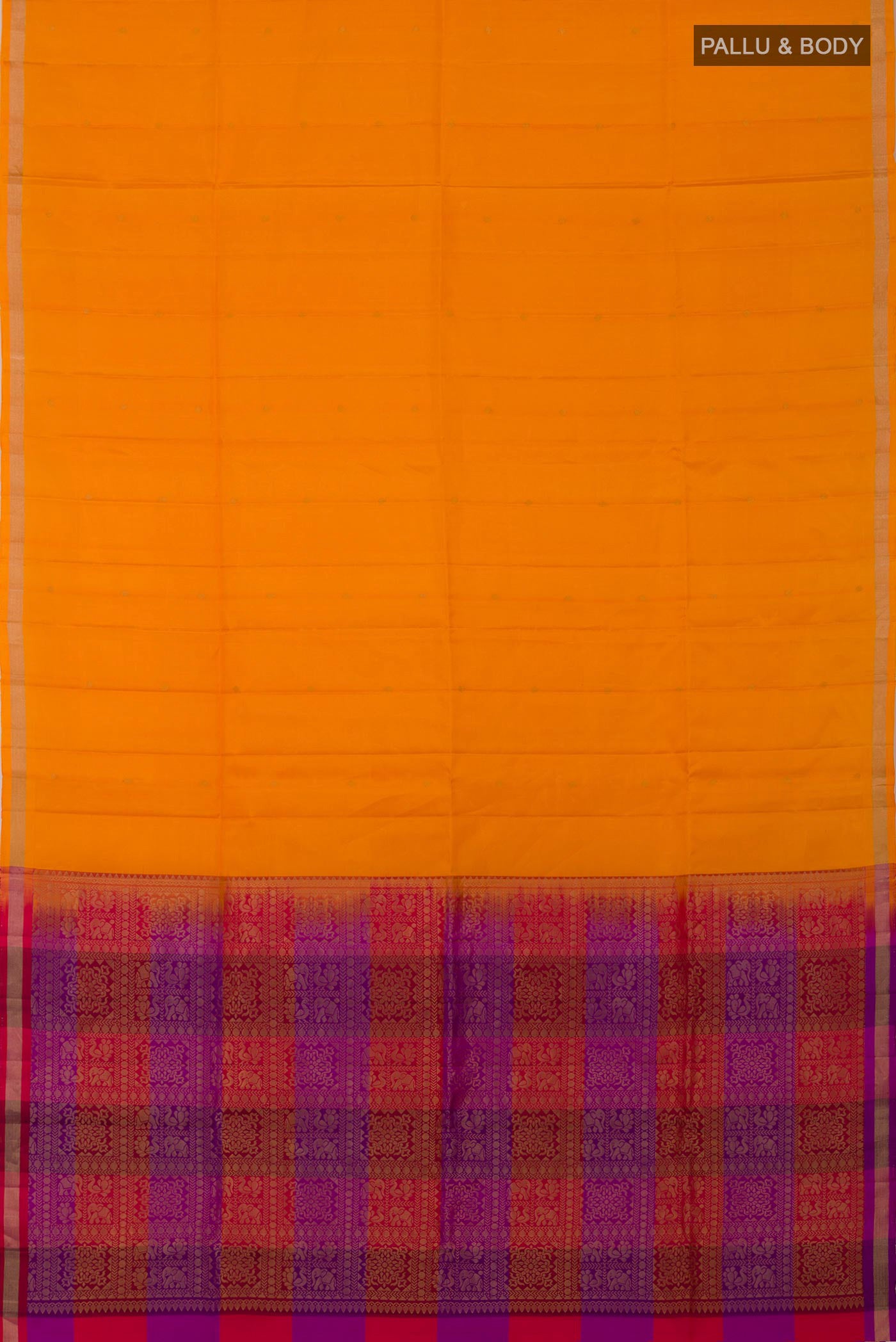 Flat view of Yellow Soft Silk Saree with Zari Butta on the body and Thin Zari Line. 