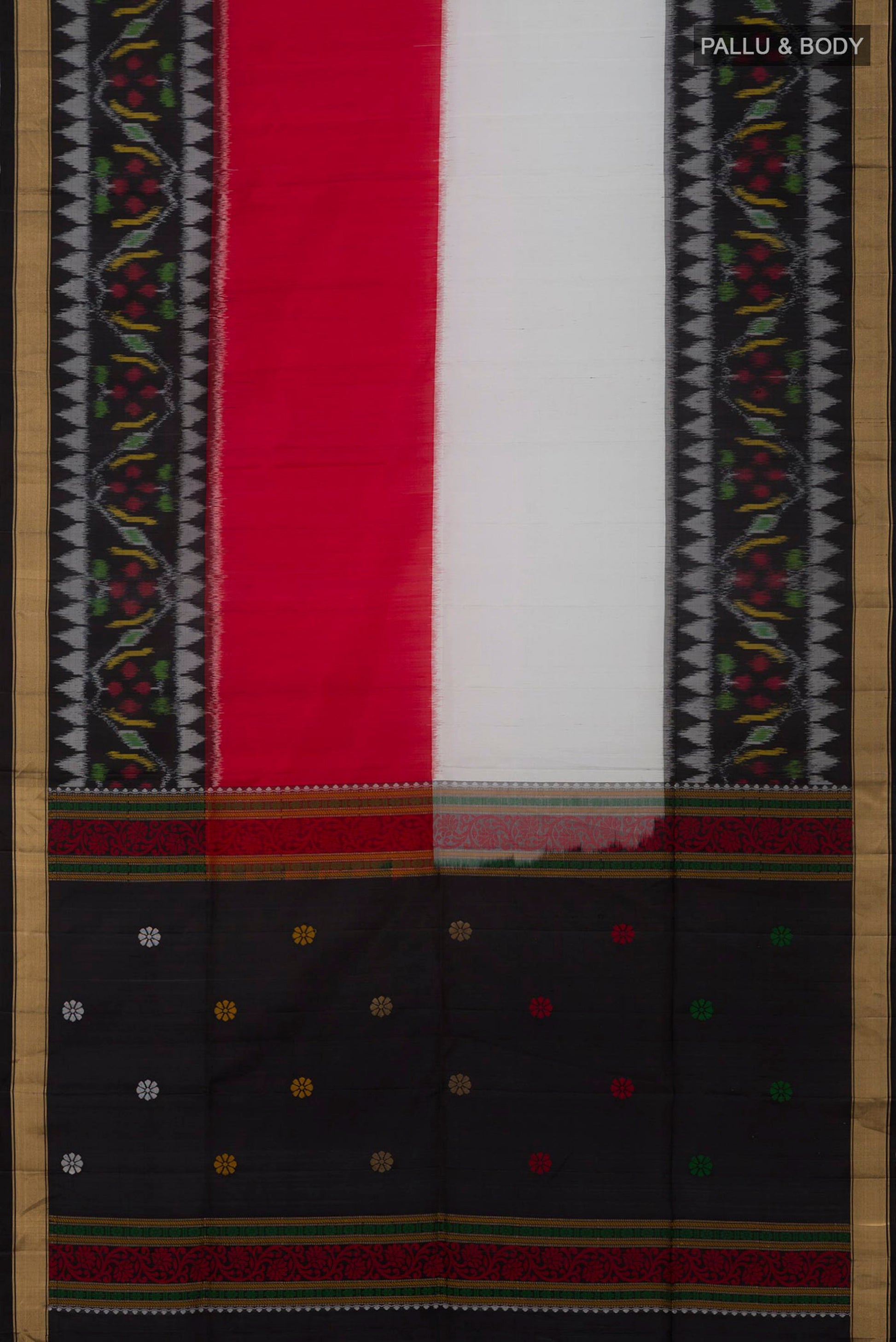 Flat view of Multi Color Soft Silk Saree with Plain Body and Zari Border. 