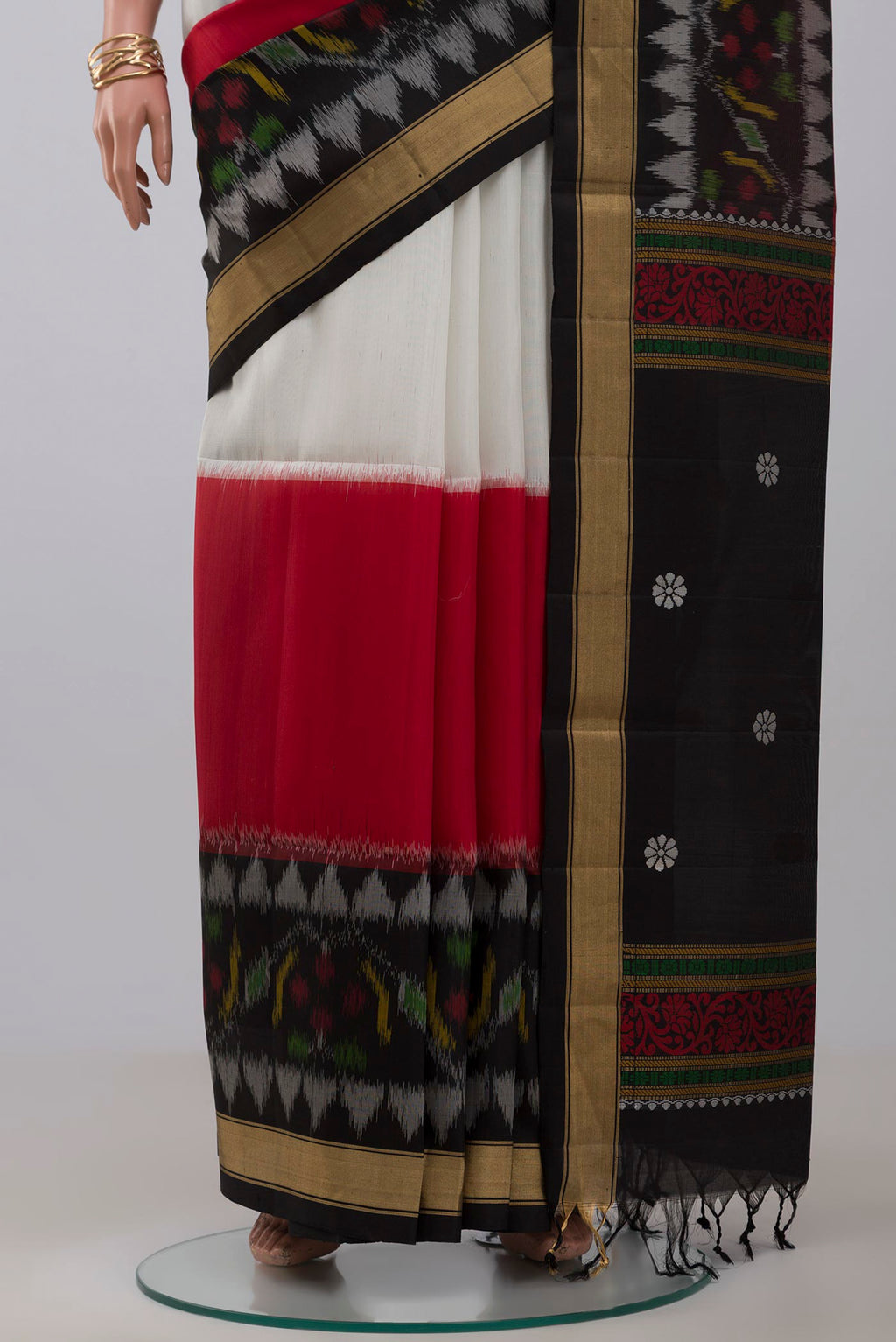 Pleats and pallu of Multi Color Soft Silk Saree with Plain Body and Zari Border. 