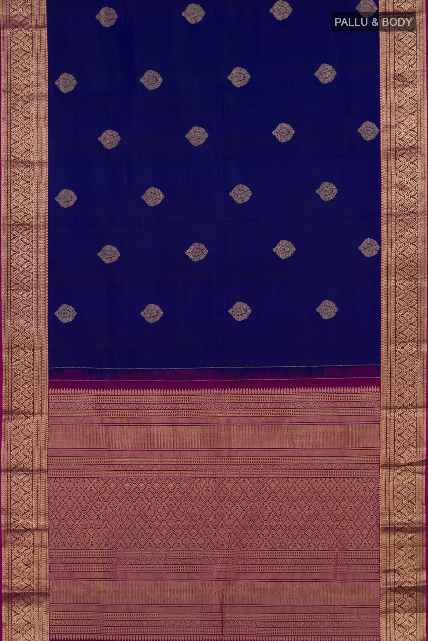 Flat view of Blue Kanchipuram Saree with Zari Butta on the body and Zari Border. 