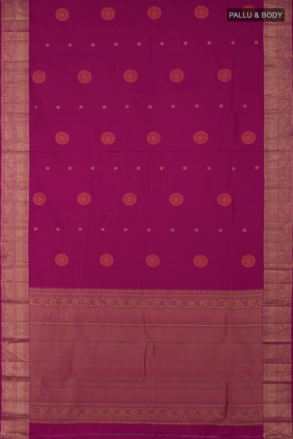 Flat view of Purple Kanchipuram Saree with Zari Butta on the body and Zari Border. 