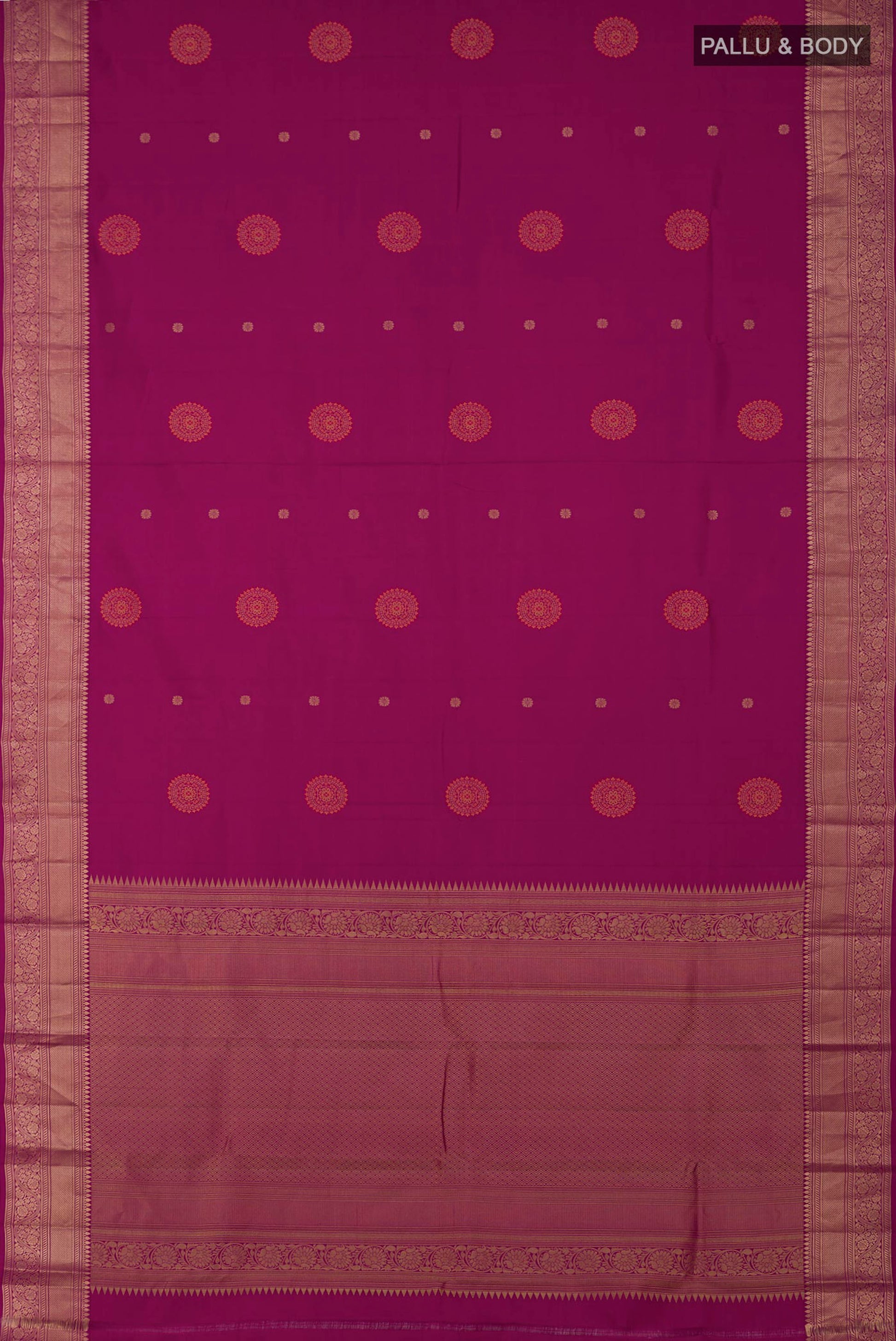 Flat view of Purple Kanchipuram Saree with Zari Butta on the body and Zari Border. 