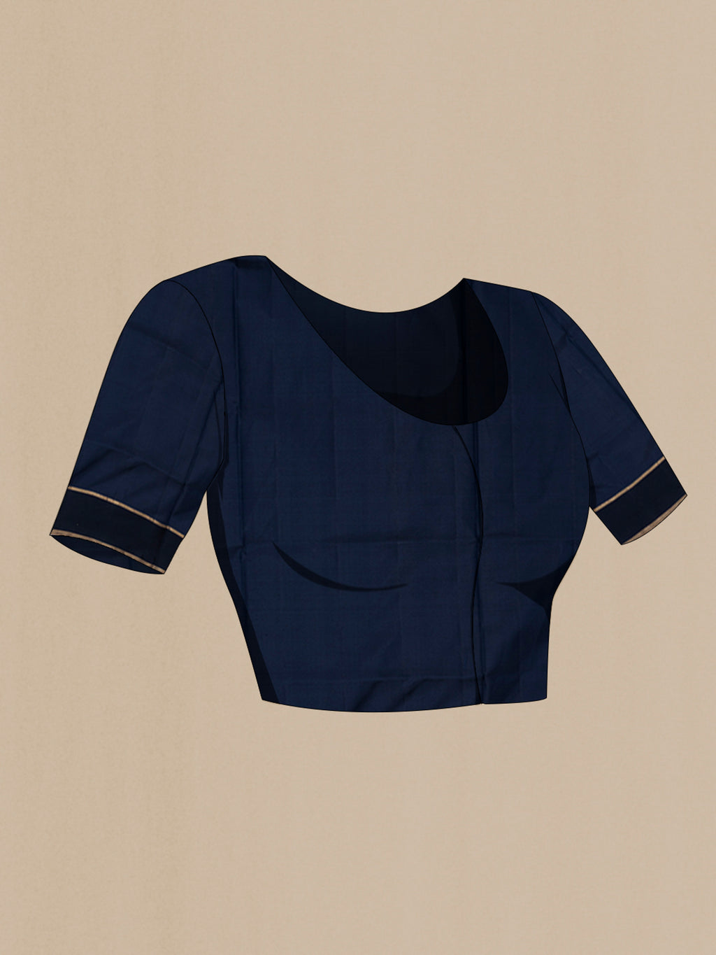 Close up image of the blouse of Navy Blue Soft Silk Saree with Zari Butta on the body and Thin Zari Line. 