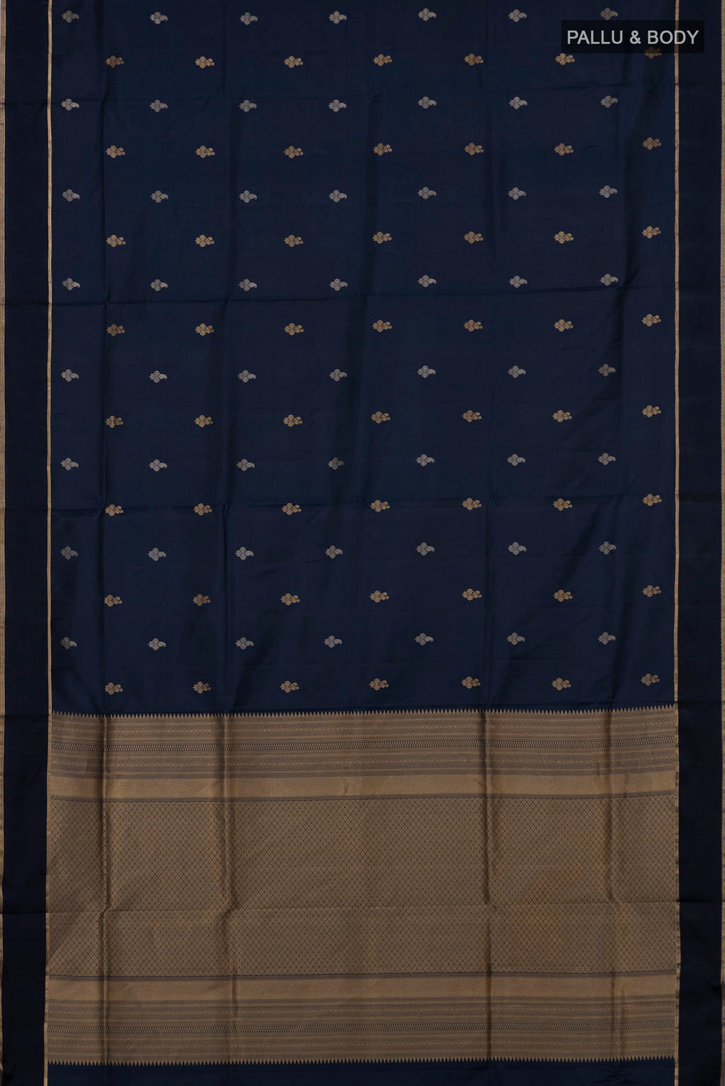 Flat view of Navy Blue Soft Silk Saree with Zari Butta on the body and Thin Zari Line. 