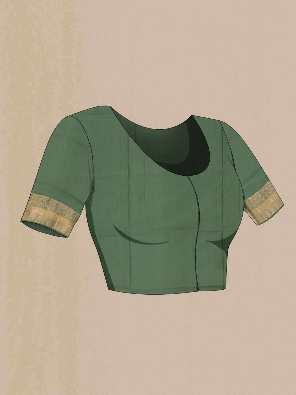Close up image of the blouse of Sage Green Soft Silk Saree with Zari Butta on the body and Zari Border. 