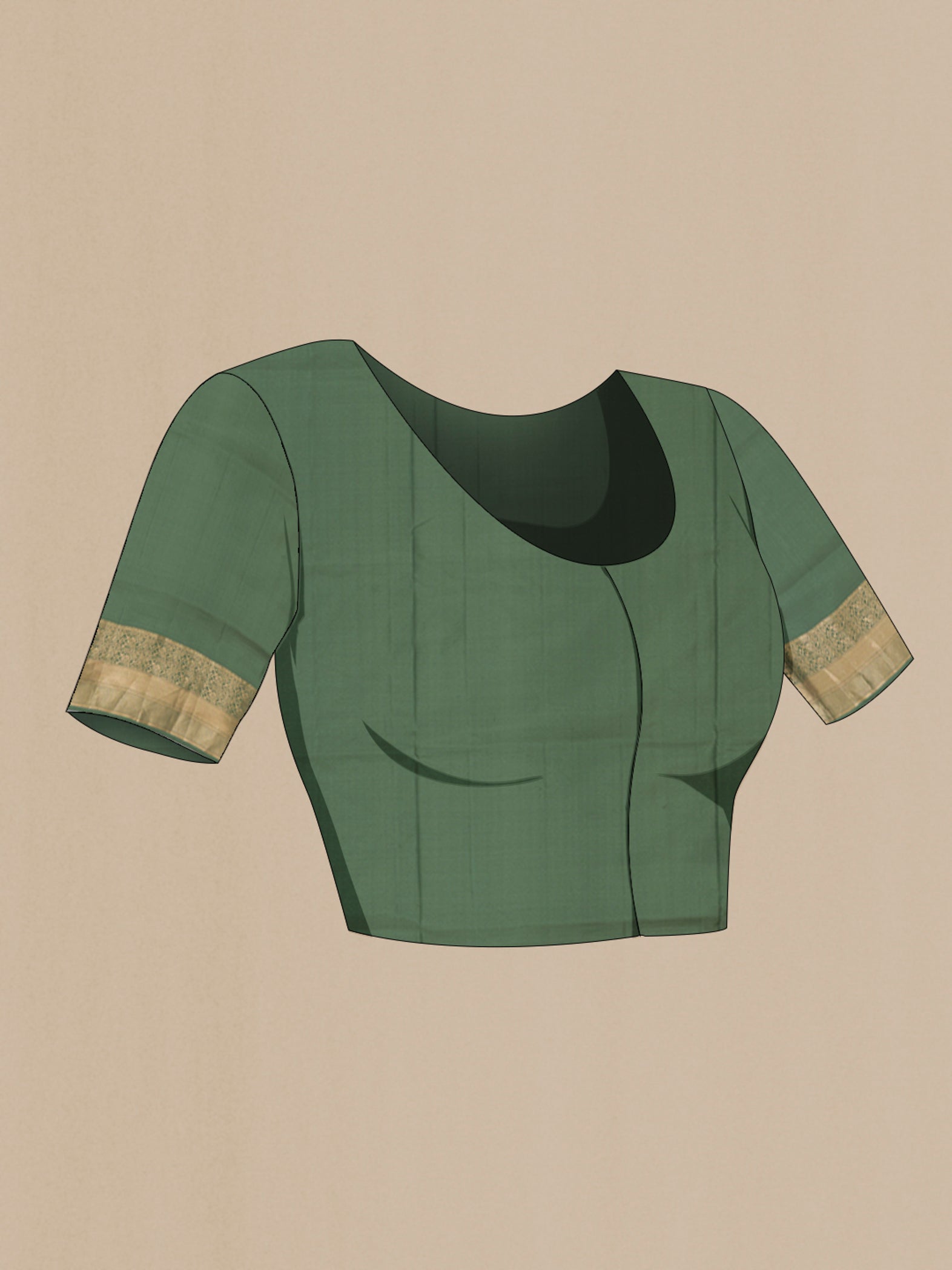 Close up image of the blouse of Sage Green Soft Silk Saree with Zari Butta on the body and Zari Border. 