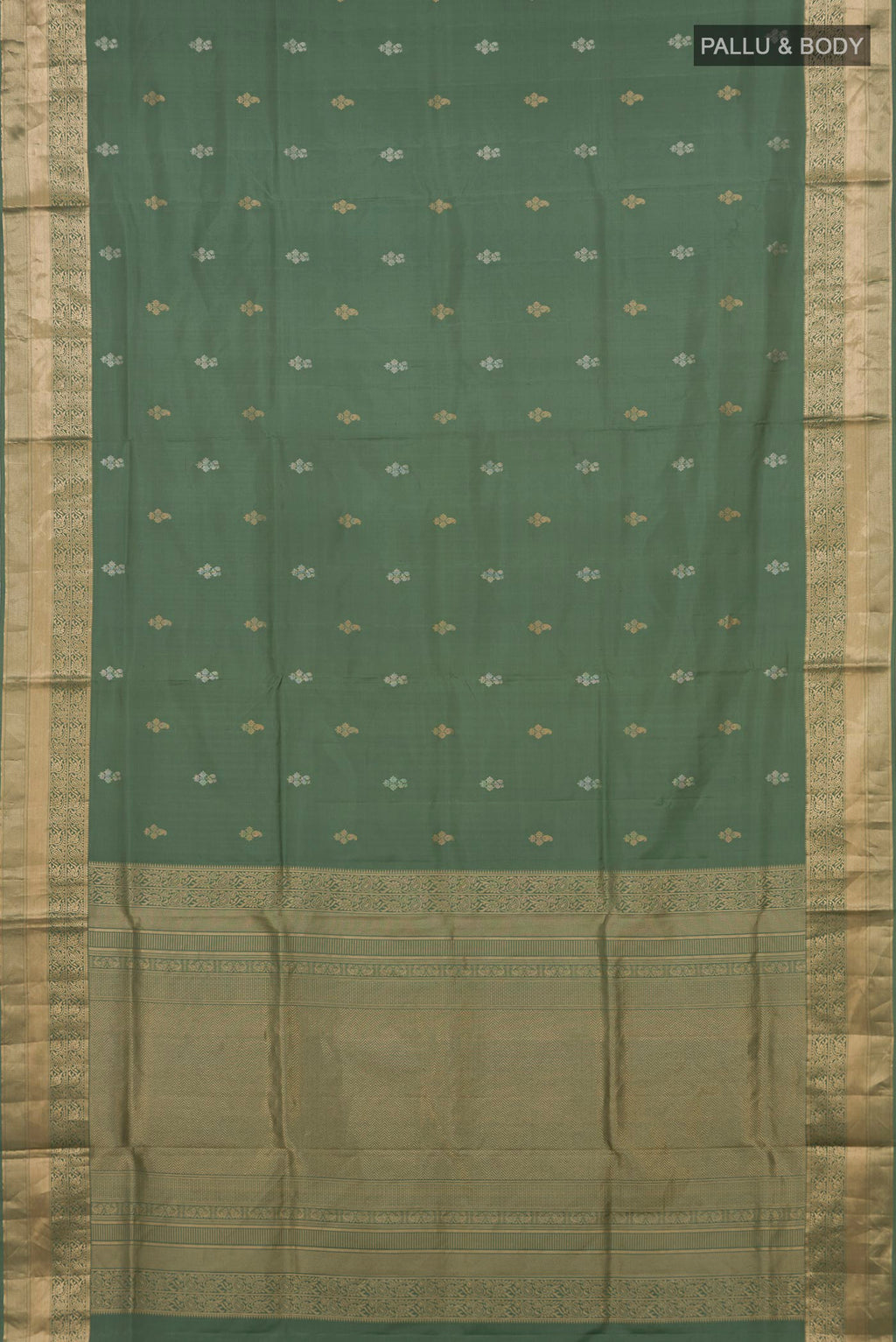 Flat view of Sage Green Soft Silk Saree with Zari Butta on the body and Zari Border. 