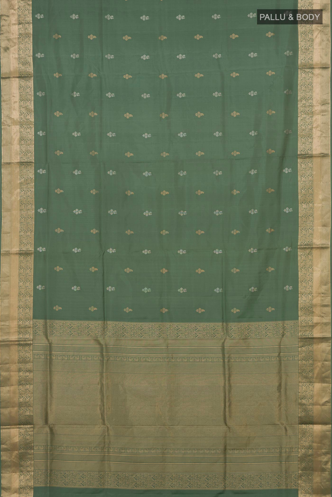 Flat view of Sage Green Soft Silk Saree with Zari Butta on the body and Zari Border. 