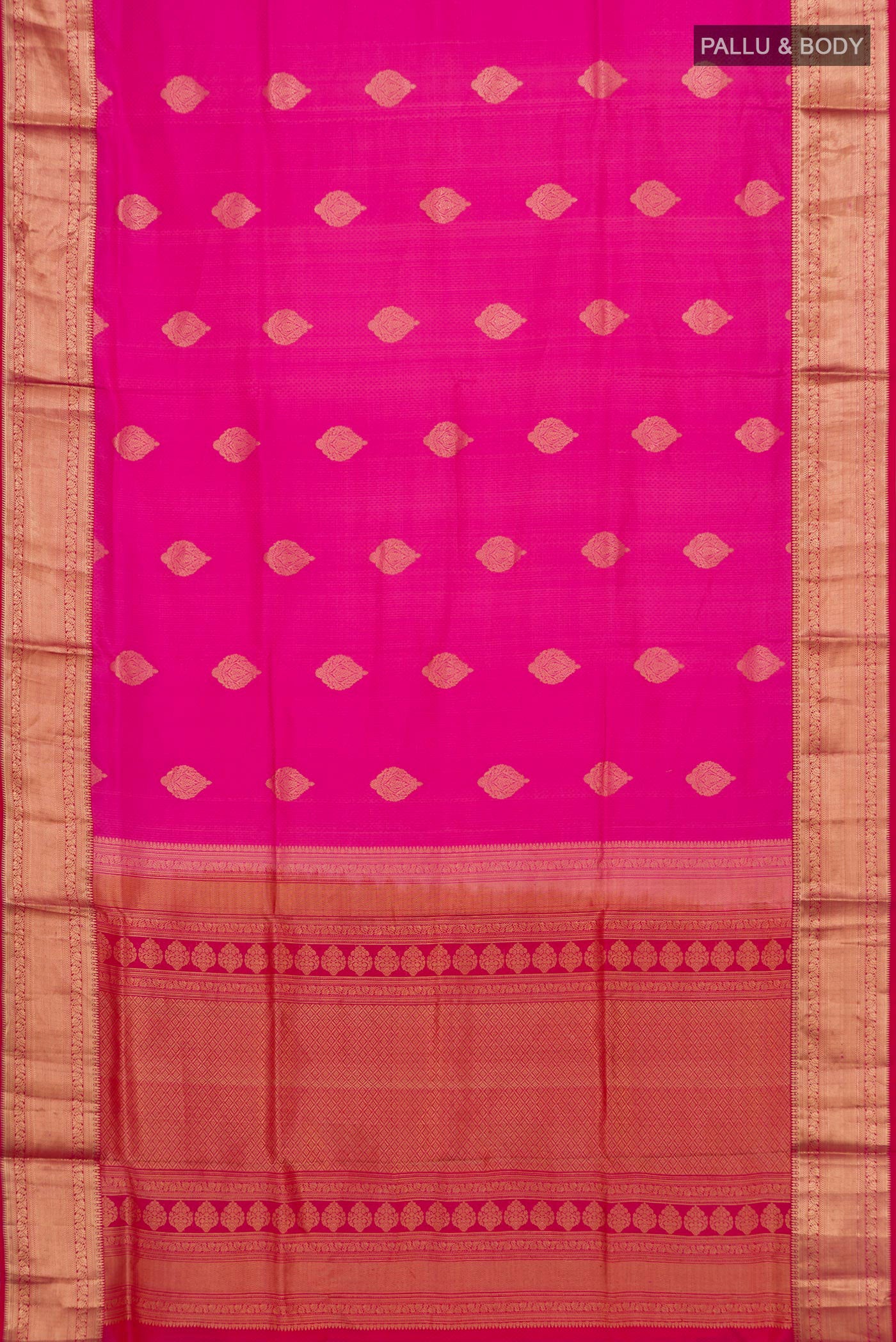 Flat view of Pink Soft Silk Saree with Jacquard With Zari Butta on the body and Zari Border. 