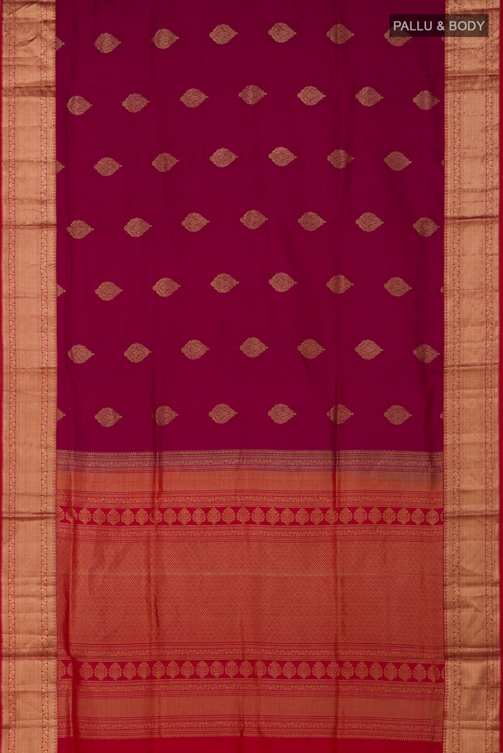 Flat view of Purple Soft Silk Saree with Jacquard With Zari Butta on the body and Zari Border. 