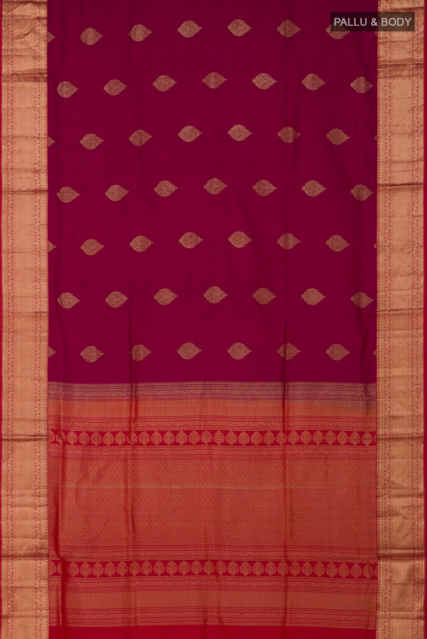 Flat view of Purple Soft Silk Saree with Jacquard With Zari Butta on the body and Zari Border. 