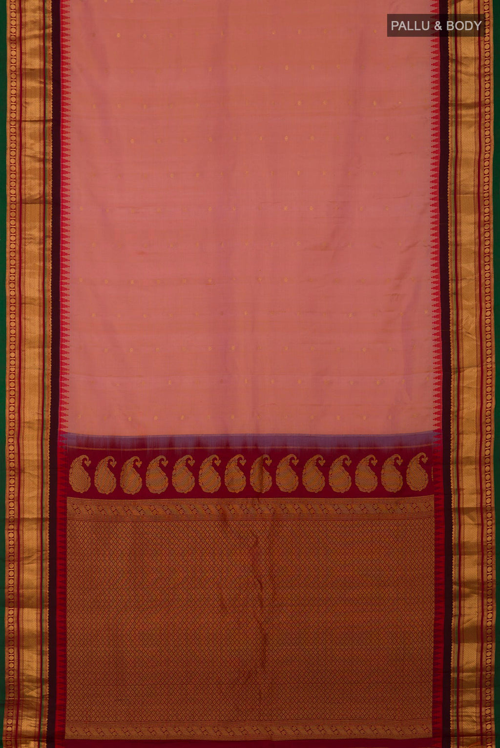 Flat view of Pink Gadwal Silk Saree with Zari Butta on the body and Zari Border. 