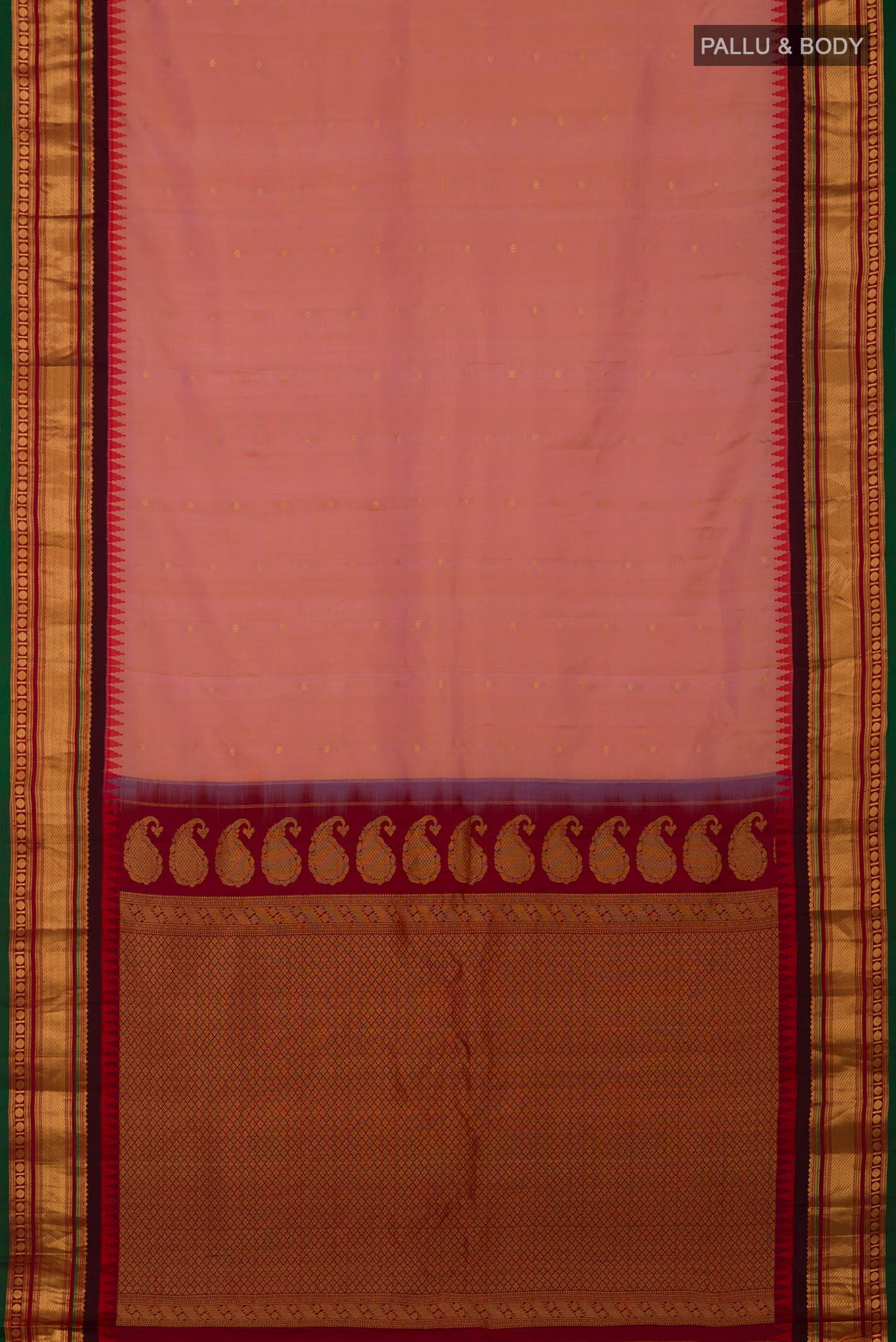 Flat view of Pink Gadwal Silk Saree with Zari Butta on the body and Zari Border. 