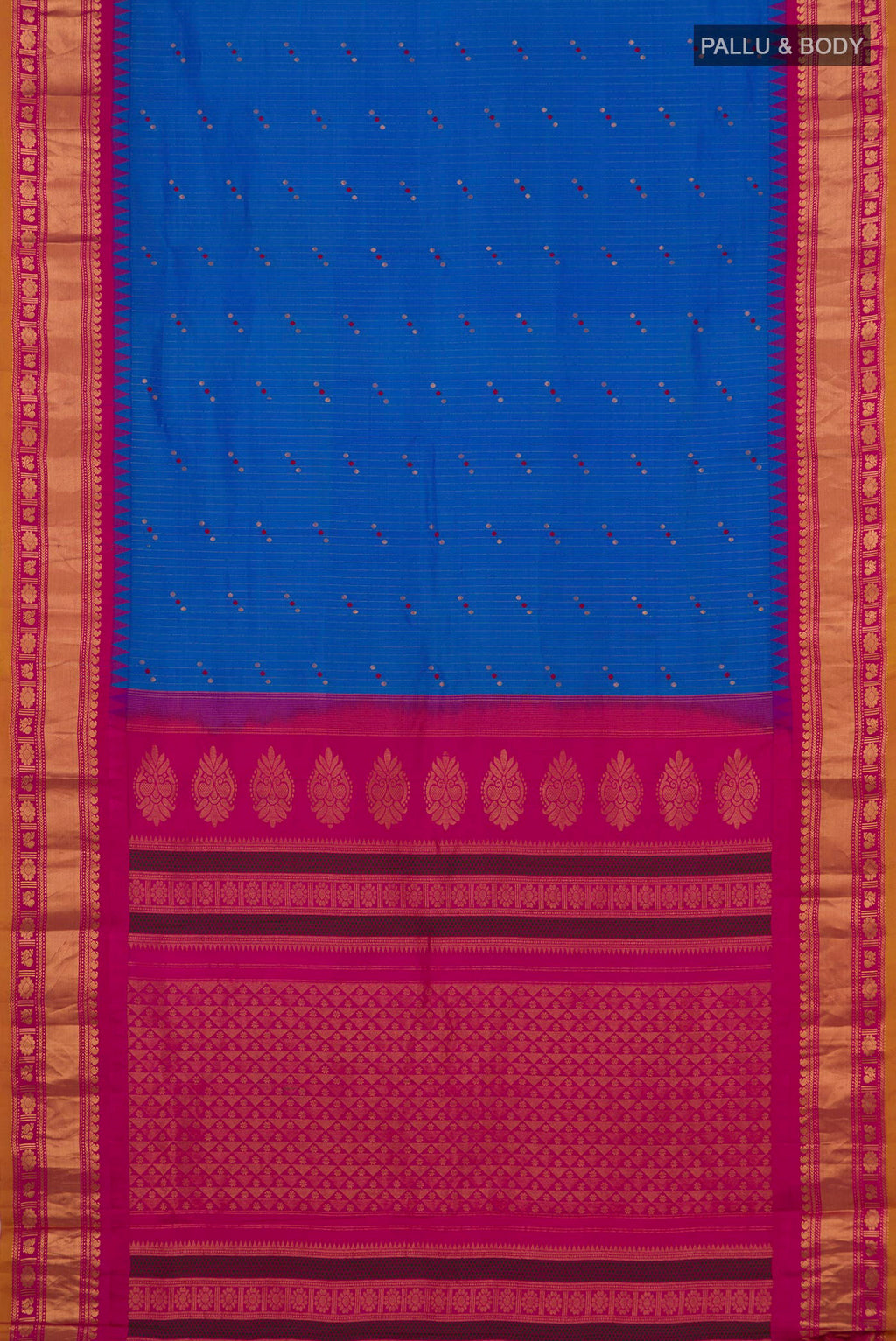 Flat view of Blue Gadwal Silk Saree with Stripes on the body and Zari Border. 
