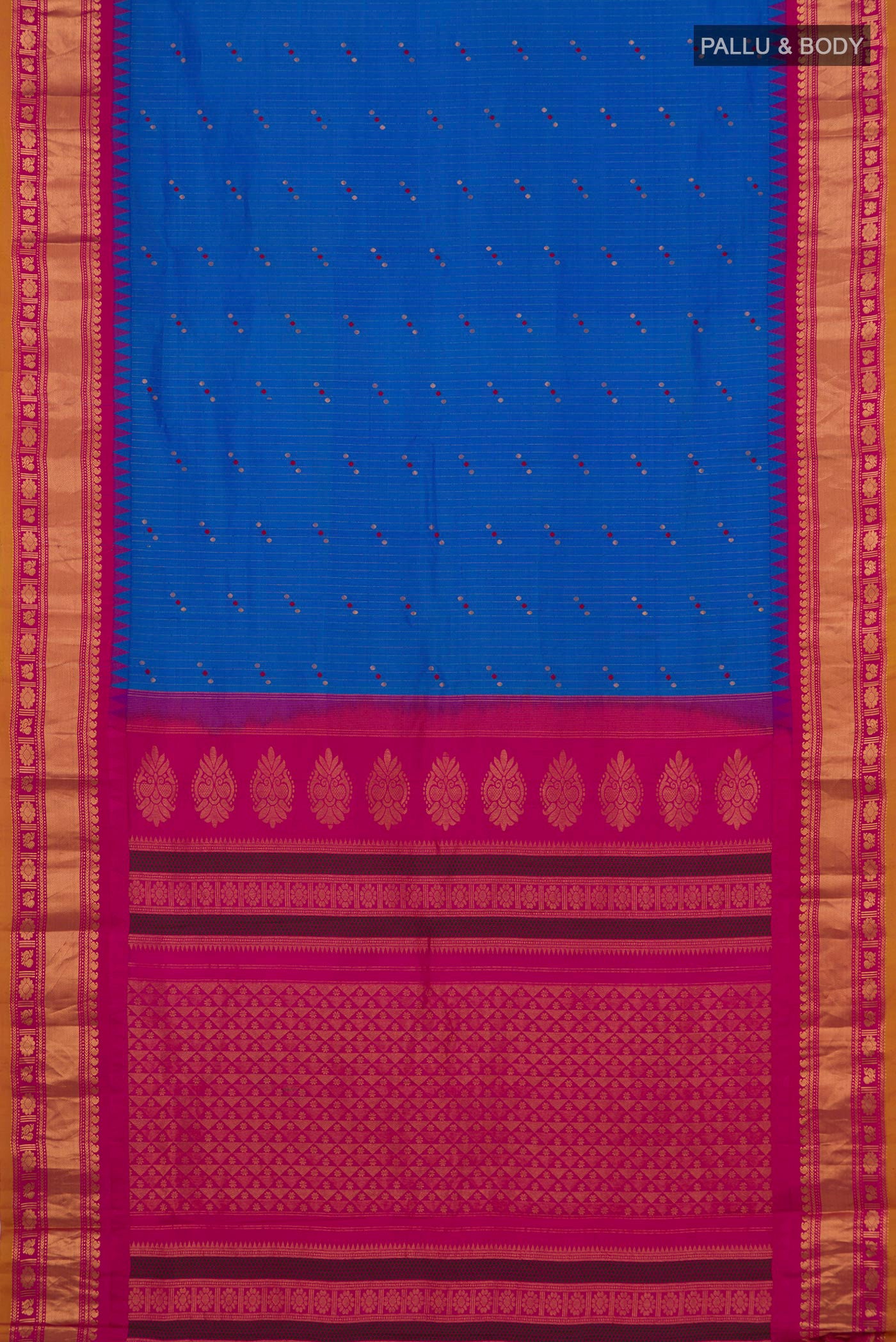 Flat view of Blue Gadwal Silk Saree with Stripes on the body and Zari Border. 