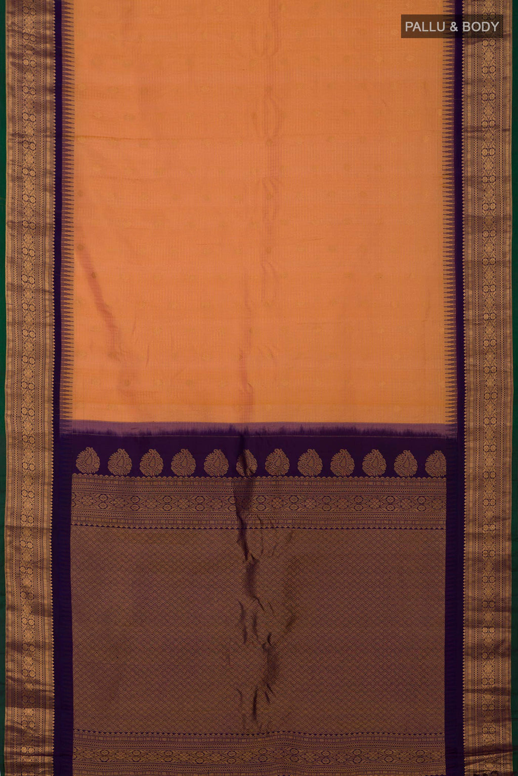 Flat view of Peach Gadwal Silk Saree with Checked design on the body and Zari Border. 