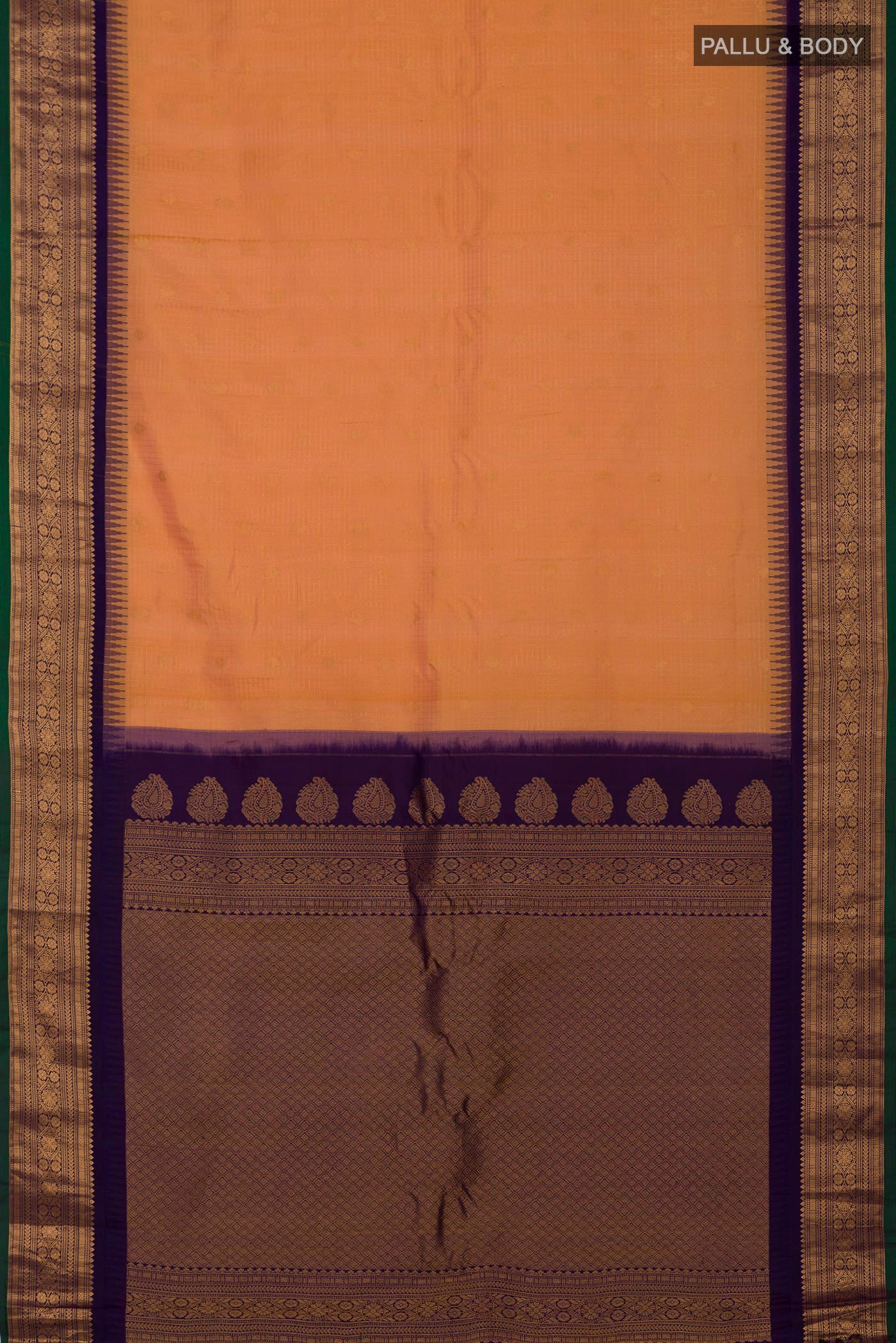 Flat view of Peach Gadwal Silk Saree with Checked design on the body and Zari Border. 