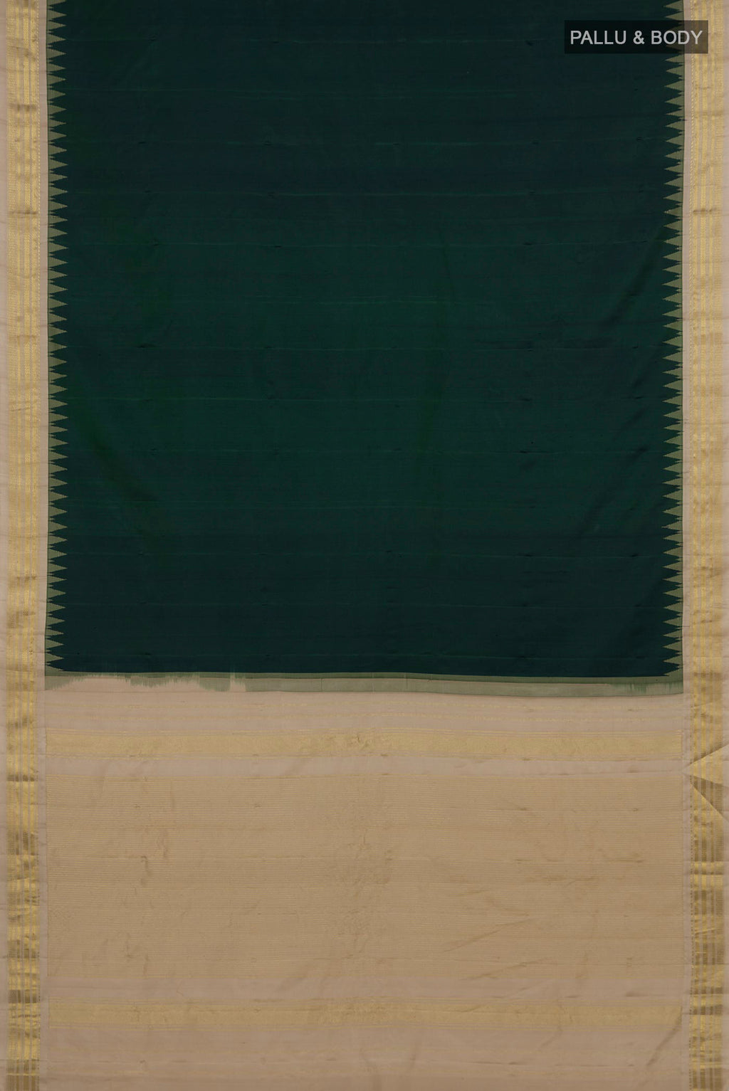 Flat view of Pure Silk Bottle Green Gadwal Saree with Plain Body and Zari Border. 