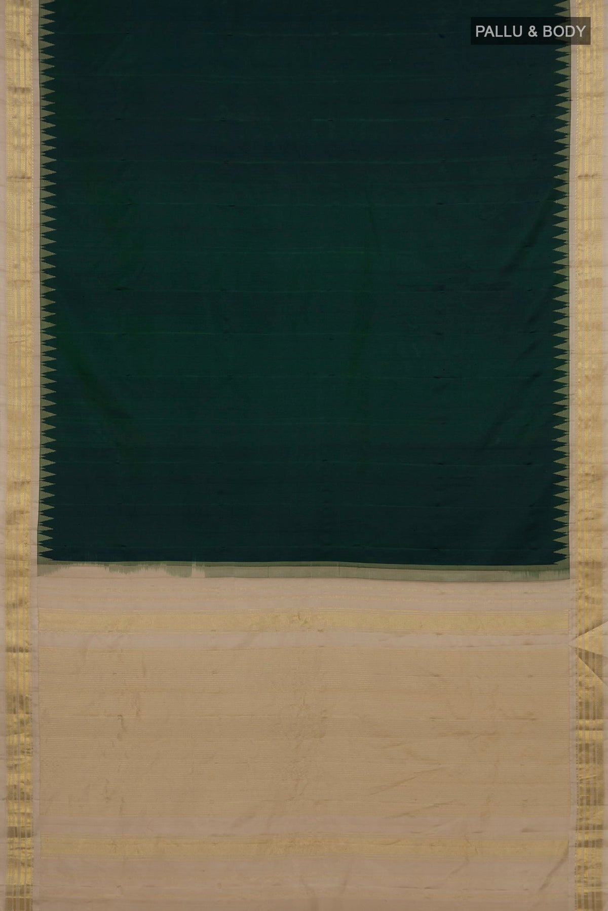 Flat view of Pure Silk Bottle Green Gadwal Saree with Plain Body and Zari Border. 