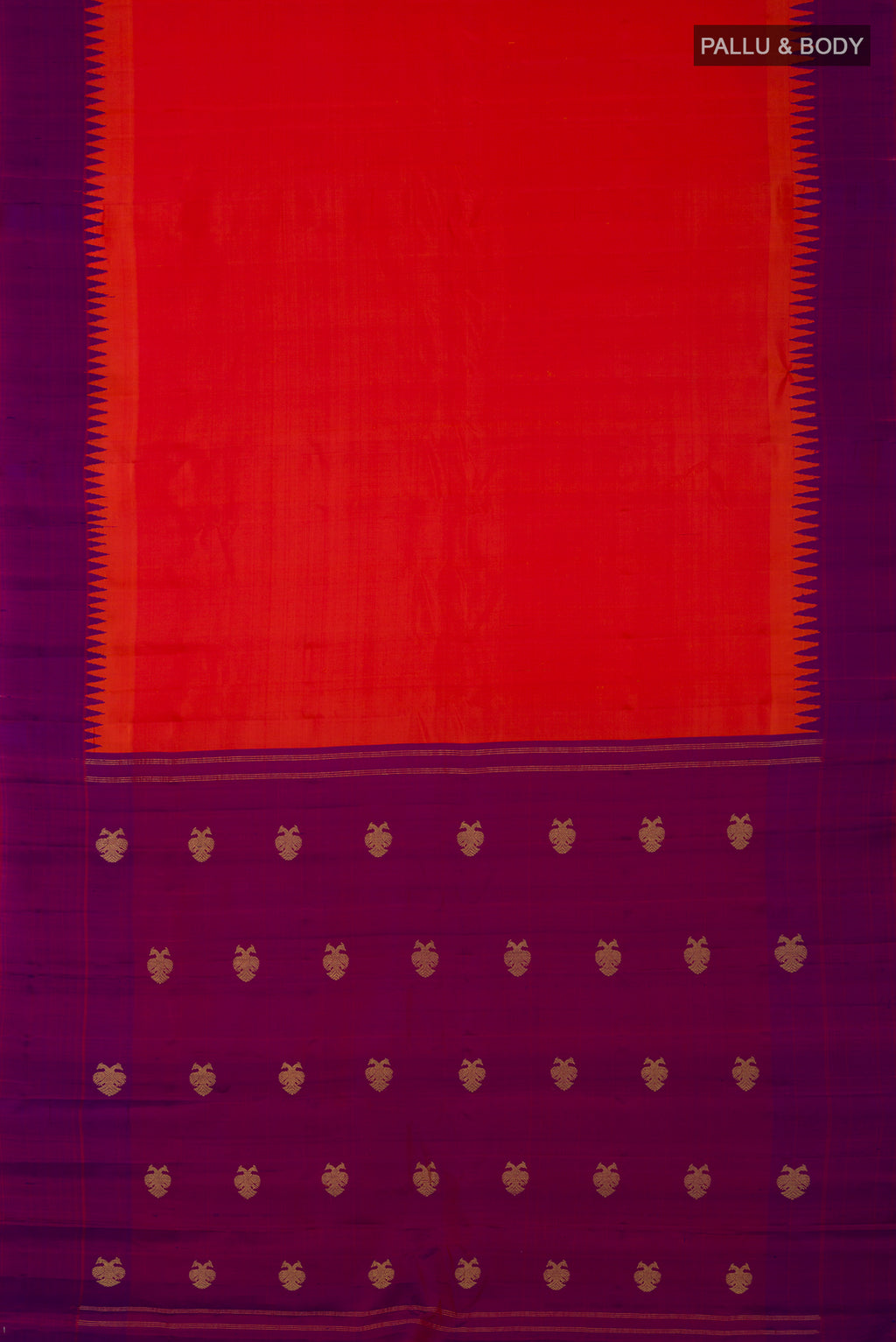 Flat view of Orange Gadwal Silk Saree with Plain Body and Temple Border. 