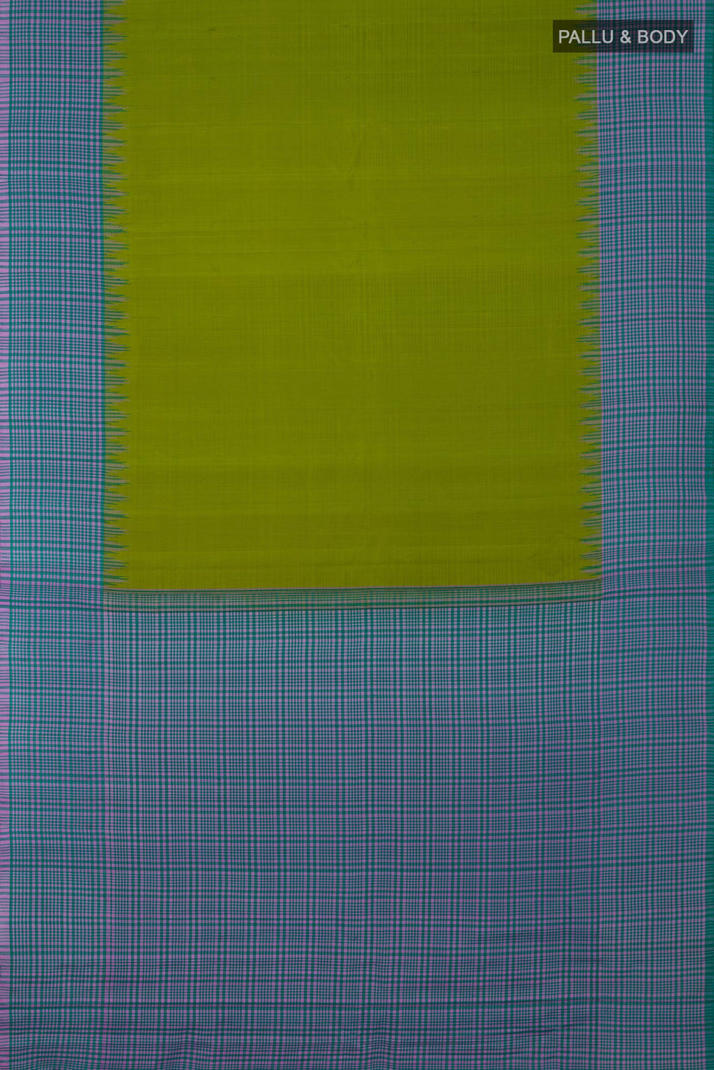 Flat view of Parrot Green Gadwal Silk Saree with Plain Body and Checks Border. 
