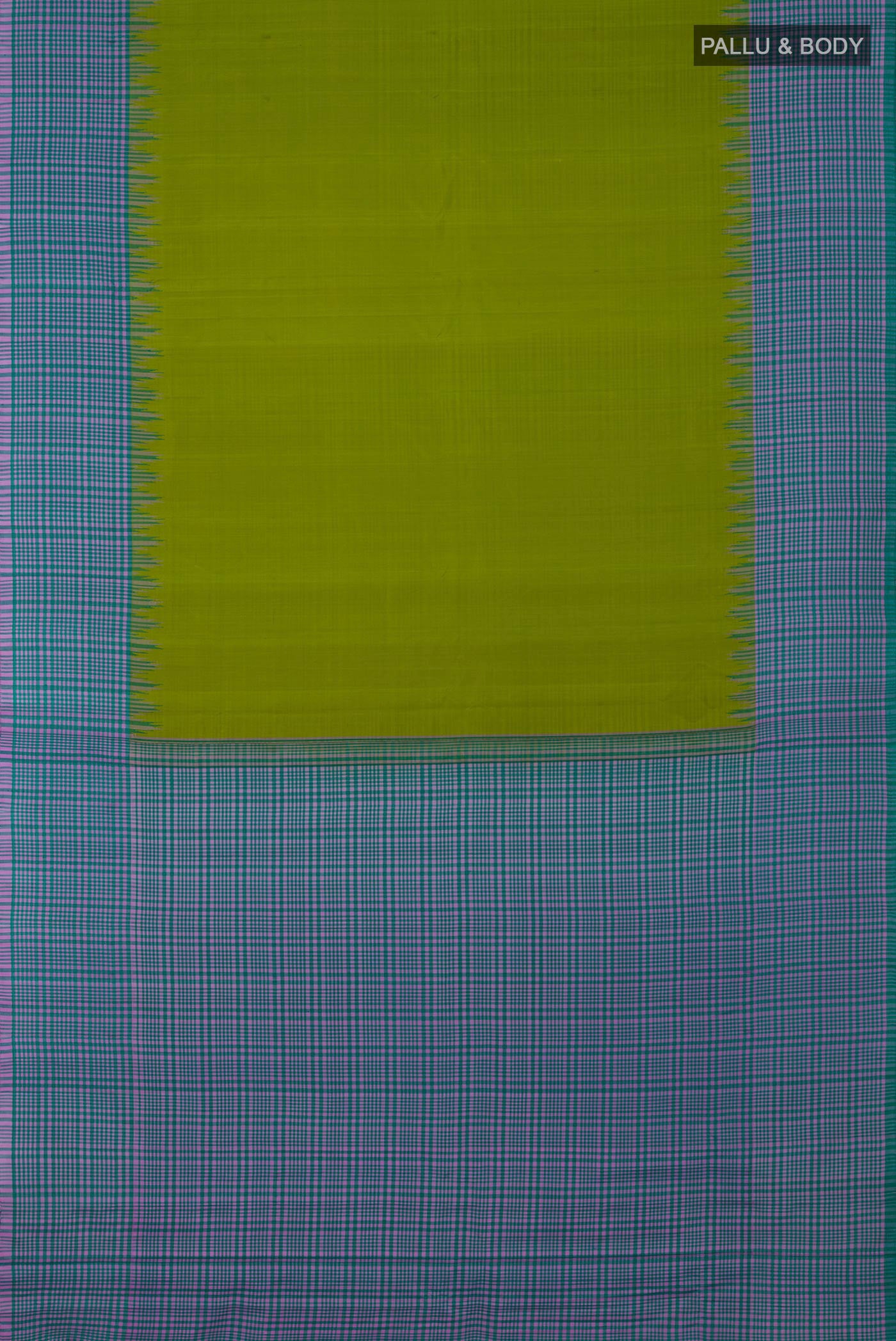 Flat view of Parrot Green Gadwal Silk Saree with Plain Body and Checks Border. 
