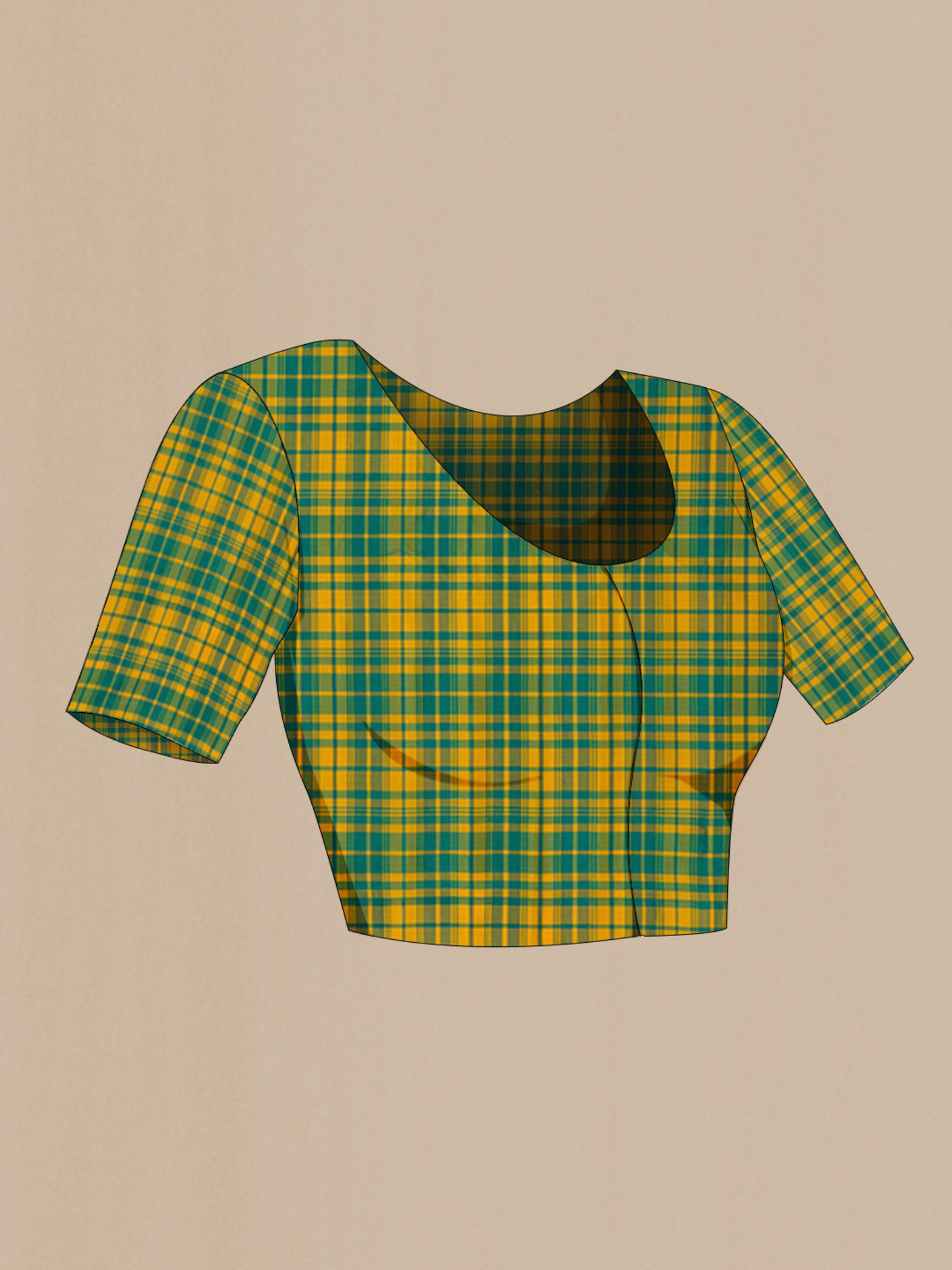 Close up image of the blouse of Green Gadwal Silk Saree with Plain Body and Checks Border. 