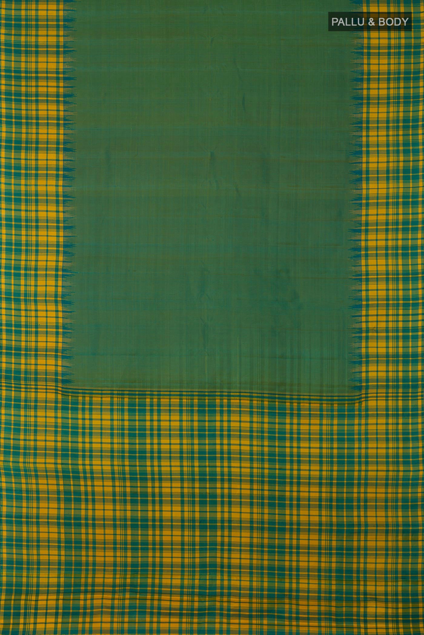 Flat view of Green Gadwal Silk Saree with Plain Body and Checks Border. 