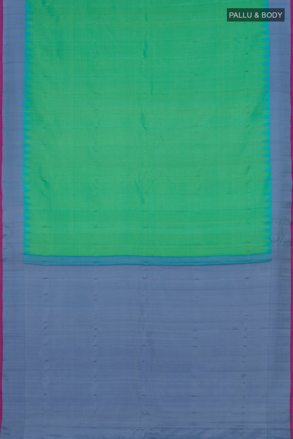 Flat view of Green Gadwal Silk Saree with Zari Butta on the body and Plain Border. 