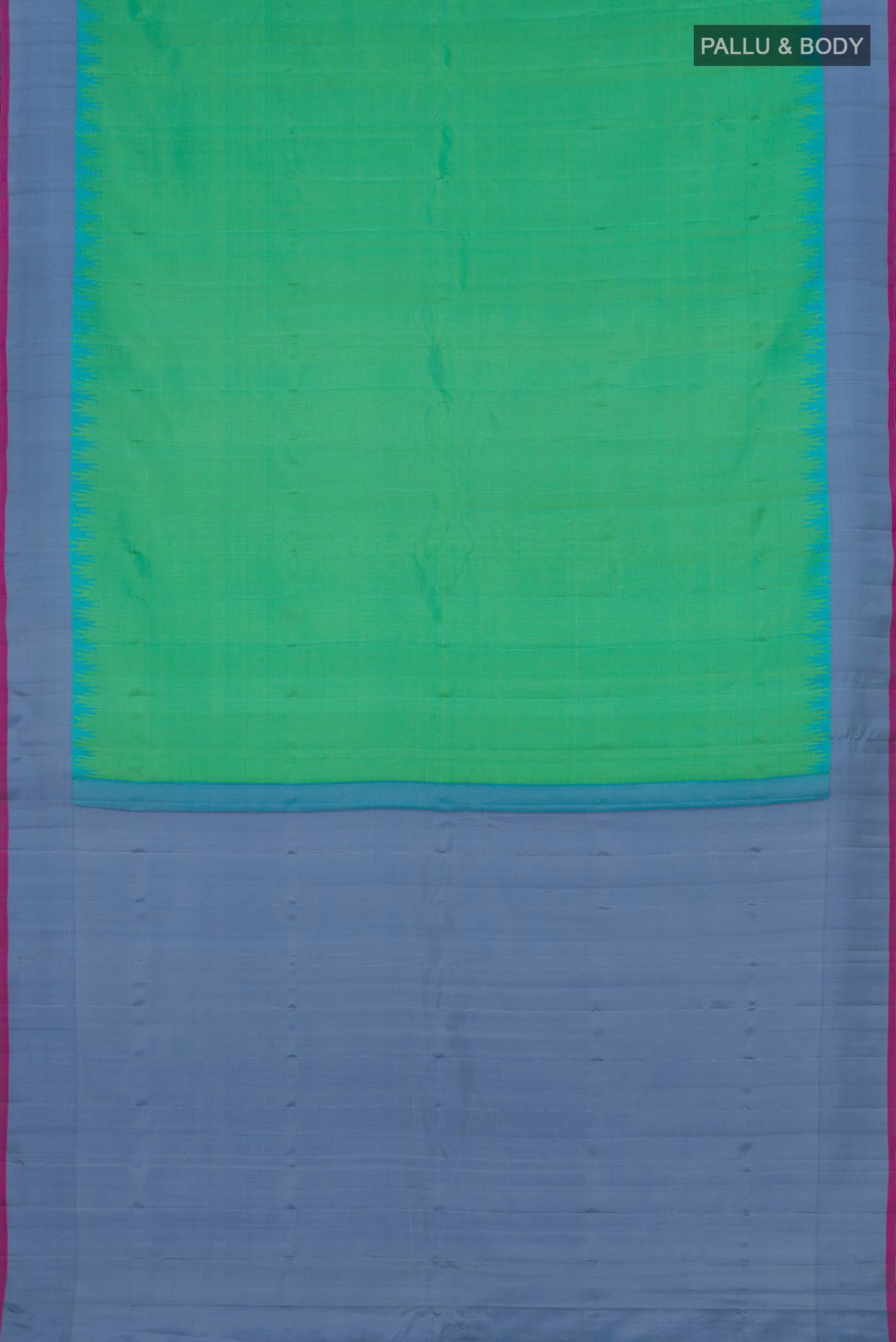 Flat view of Green Gadwal Silk Saree with Zari Butta on the body and Plain Border. 