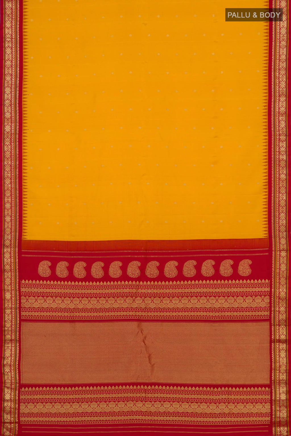 Flat view of Yellow Gadwal Silk Saree with Zari Butta on the body and Zari Border. 