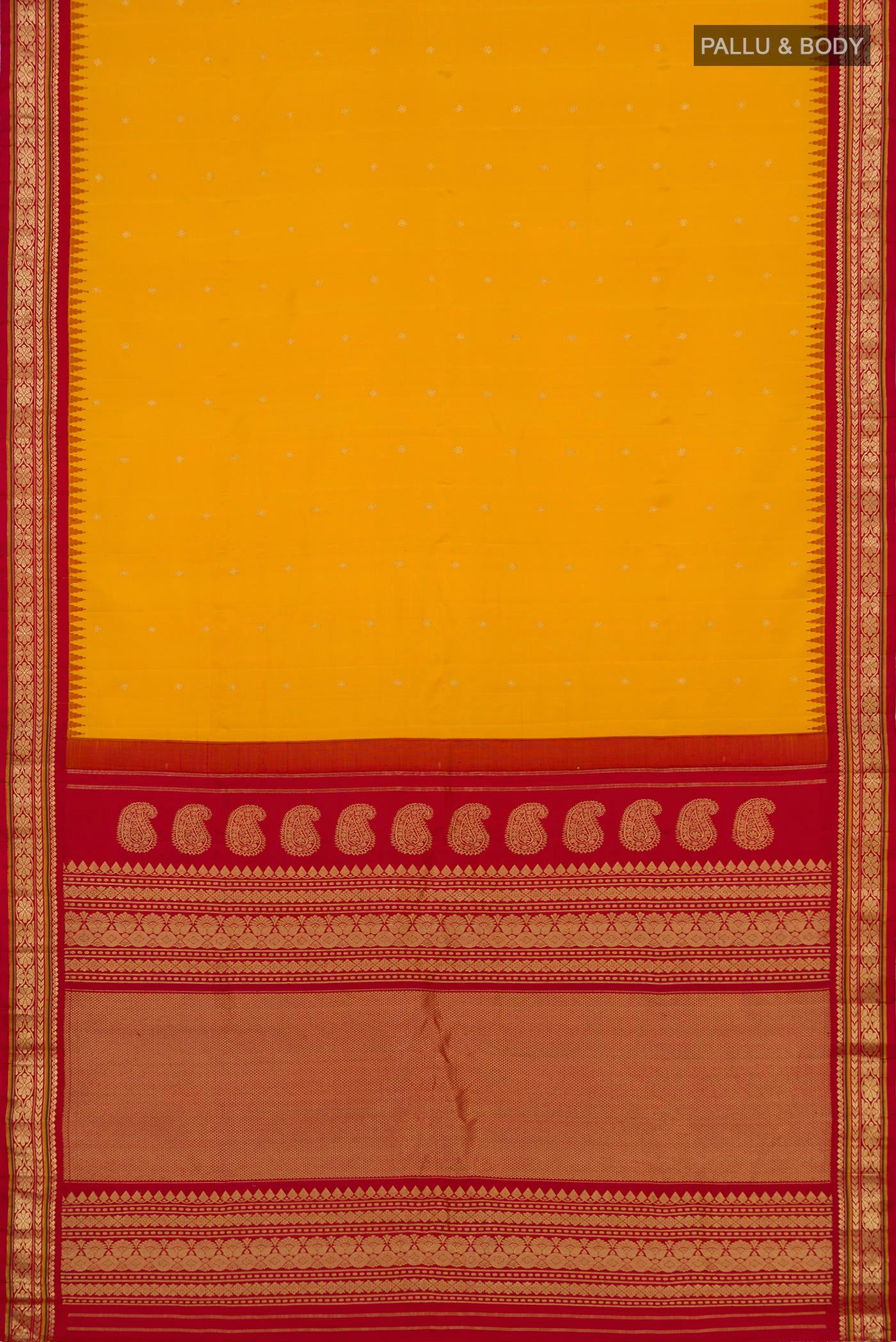 Flat view of Yellow Gadwal Silk Saree with Zari Butta on the body and Zari Border. 