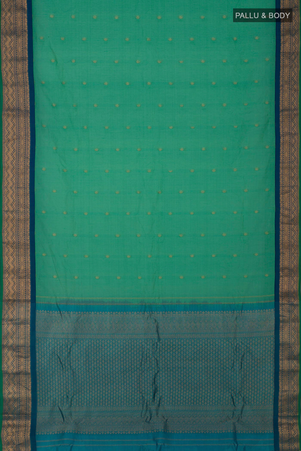 Flat view of Green Gadwal Silk Cotton Saree with Zari Butta on the body and Zari Border. 