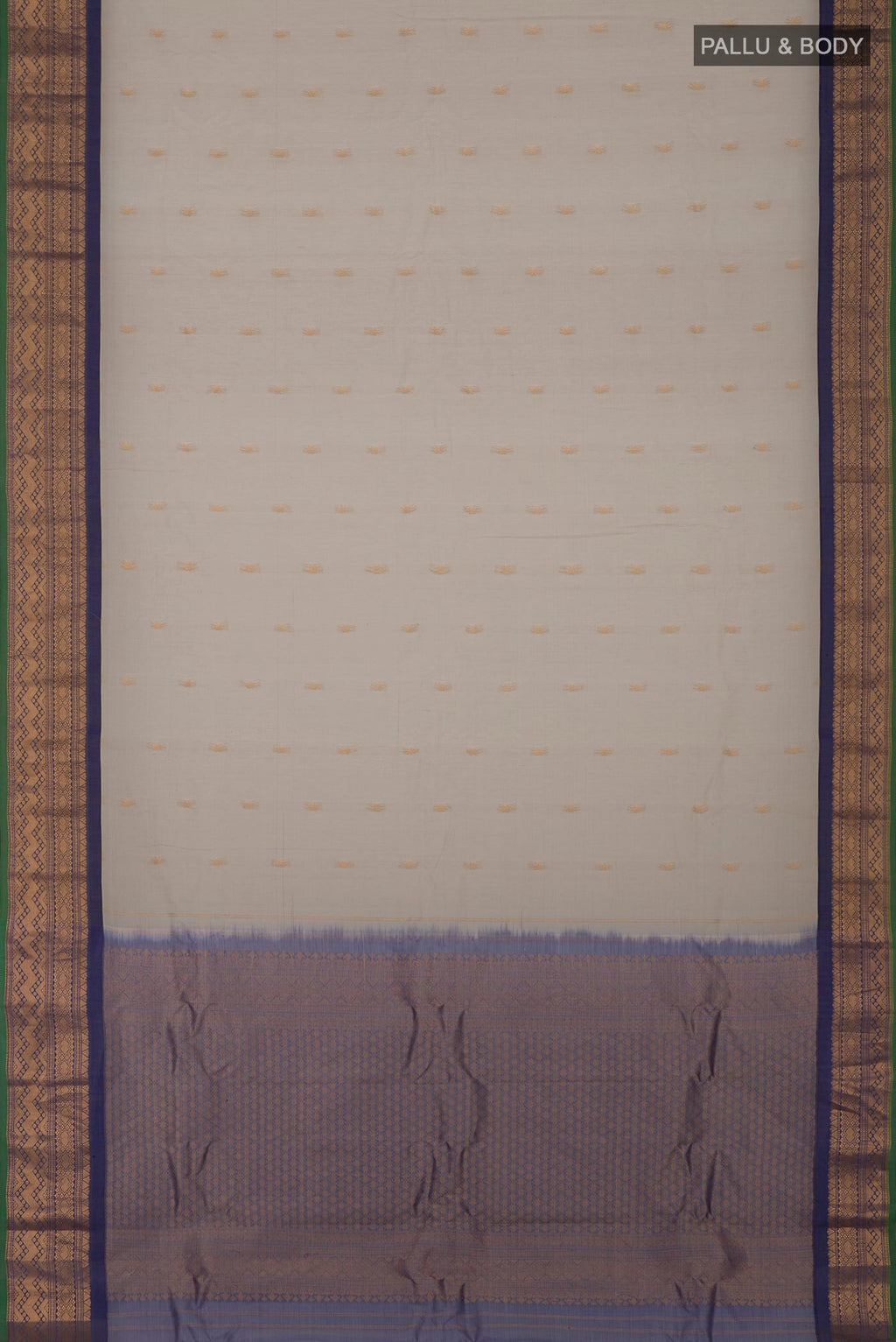 Flat view of Cream Gadwal Silk Cotton Saree with Zari Butta on the body and Zari Border. 