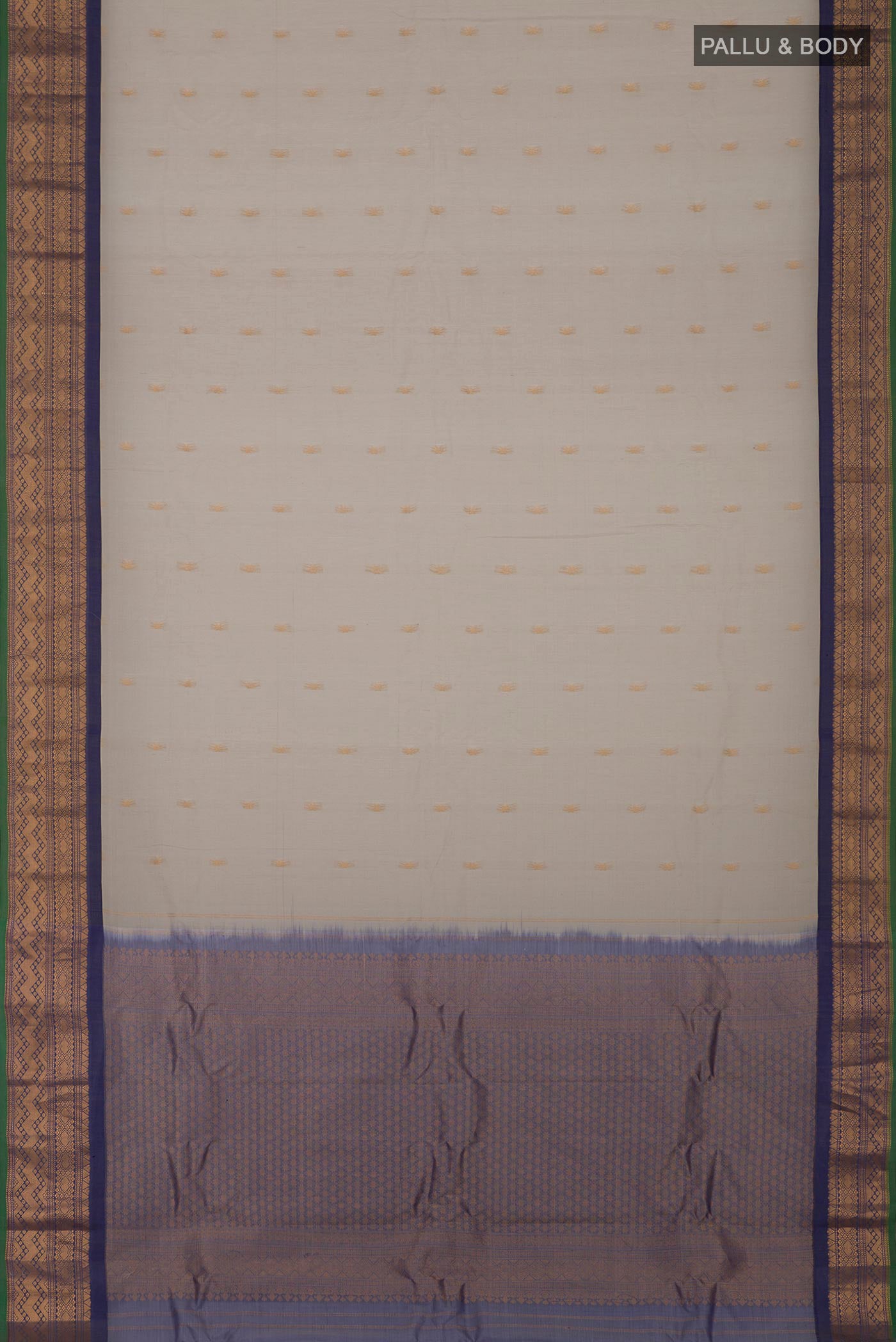 Flat view of Cream Gadwal Silk Cotton Saree with Zari Butta on the body and Zari Border. 