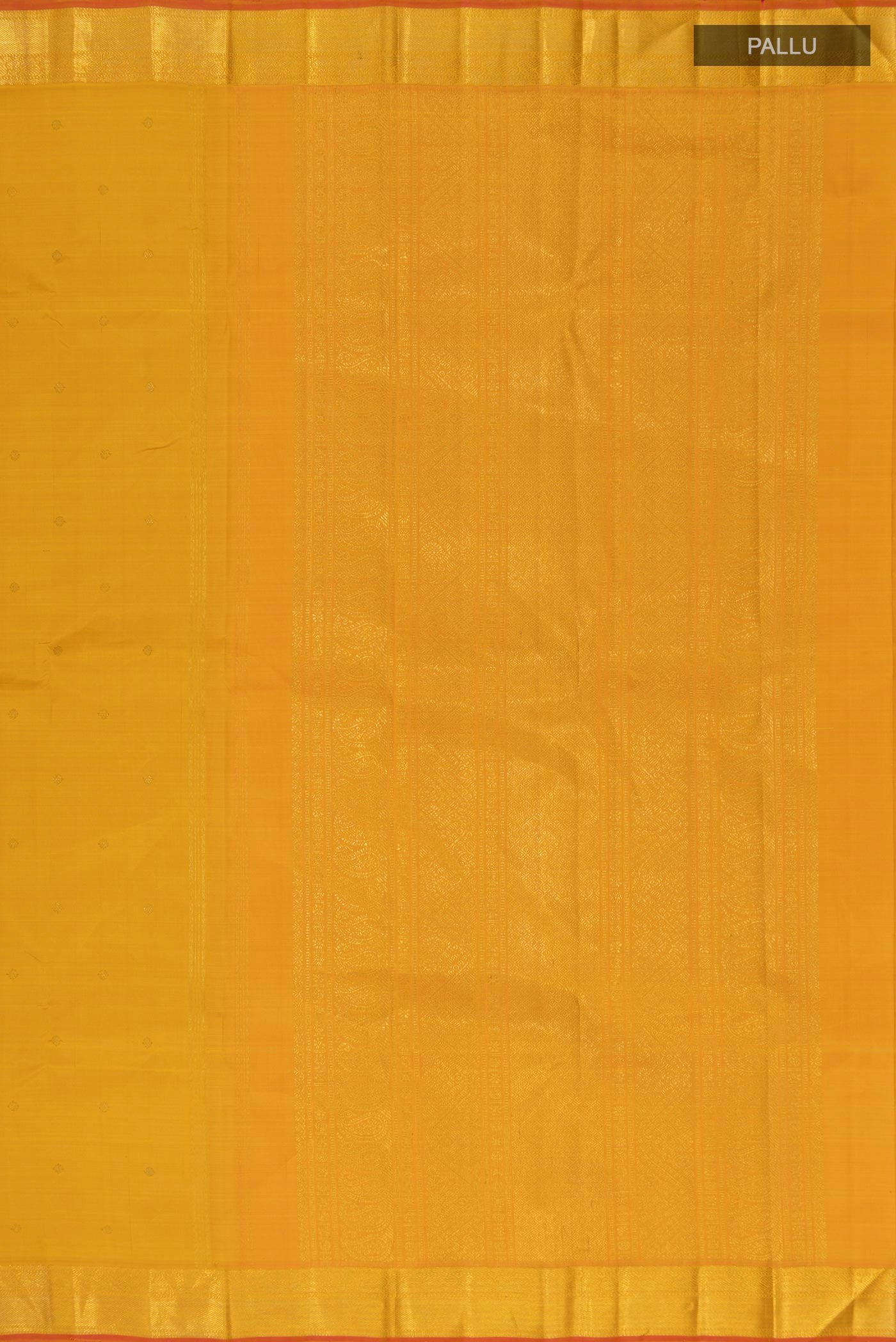 Close up image of the pallu of Pure Silk Pure Zari Yellow Kanjivaram Saree with Zari Butta on the body and Zari Border. 