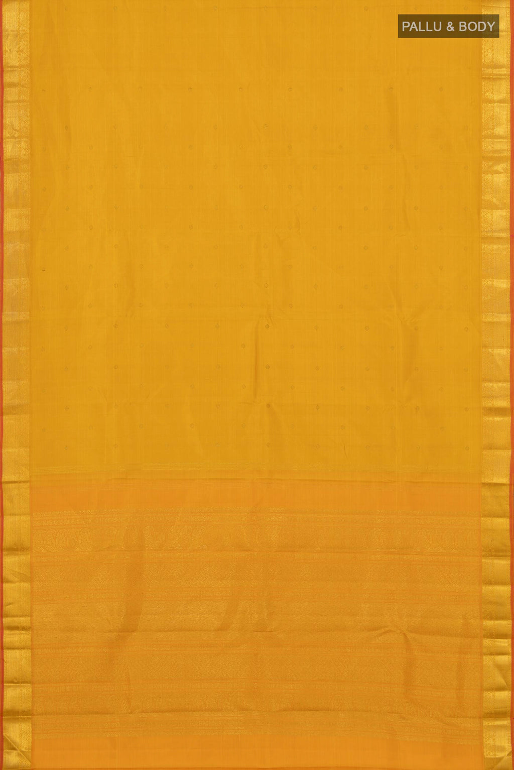 Flat view of Pure Silk Pure Zari Yellow Kanjivaram Saree with Zari Butta on the body and Zari Border. 