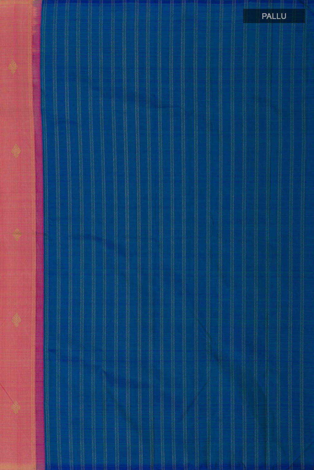 Close up image of the pallu of Pure Silk Pure Zari Pink Kanchipuram Saree with Partli on the body and Without Border. 
